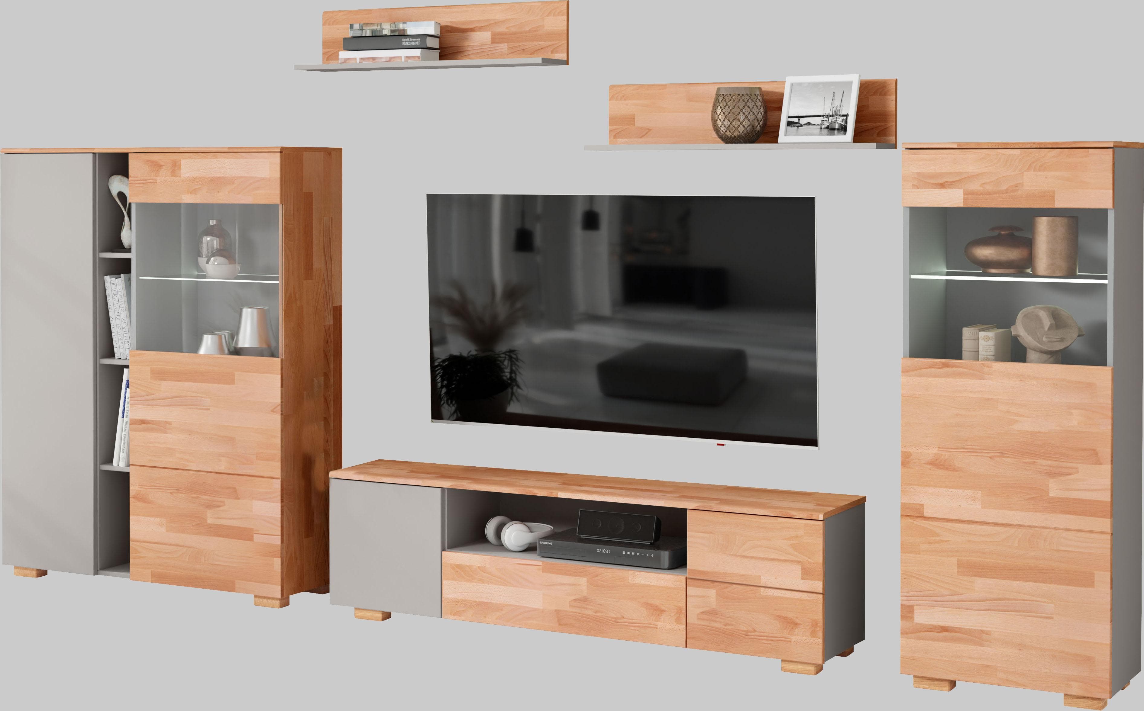 Wohnwand HOME AFFAIRE Braun und Grau mit Highboard, TV-Lowboard und Vitrine