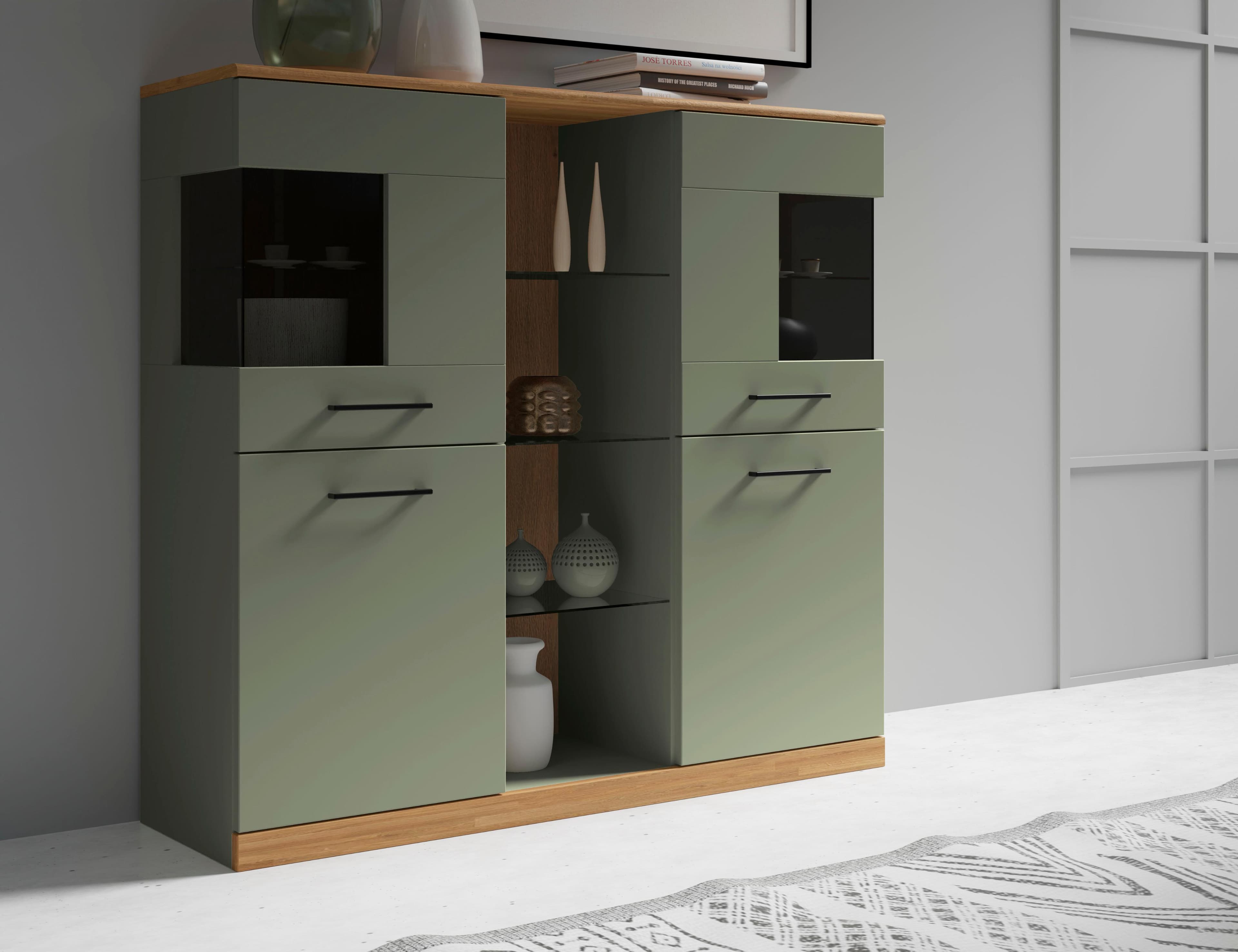 Highboard HOME AFFAIRE Ribe 120 cm breit, 112 cm hoch, Oberplatte massiv, 12 Fächer, Salbeigrün, Eiche