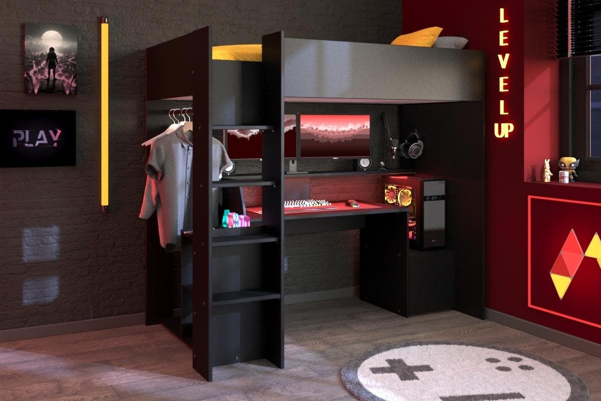Gamer Hochbett mit LED, Schreibtisch & Stauraum - Ideal für kleine Räume