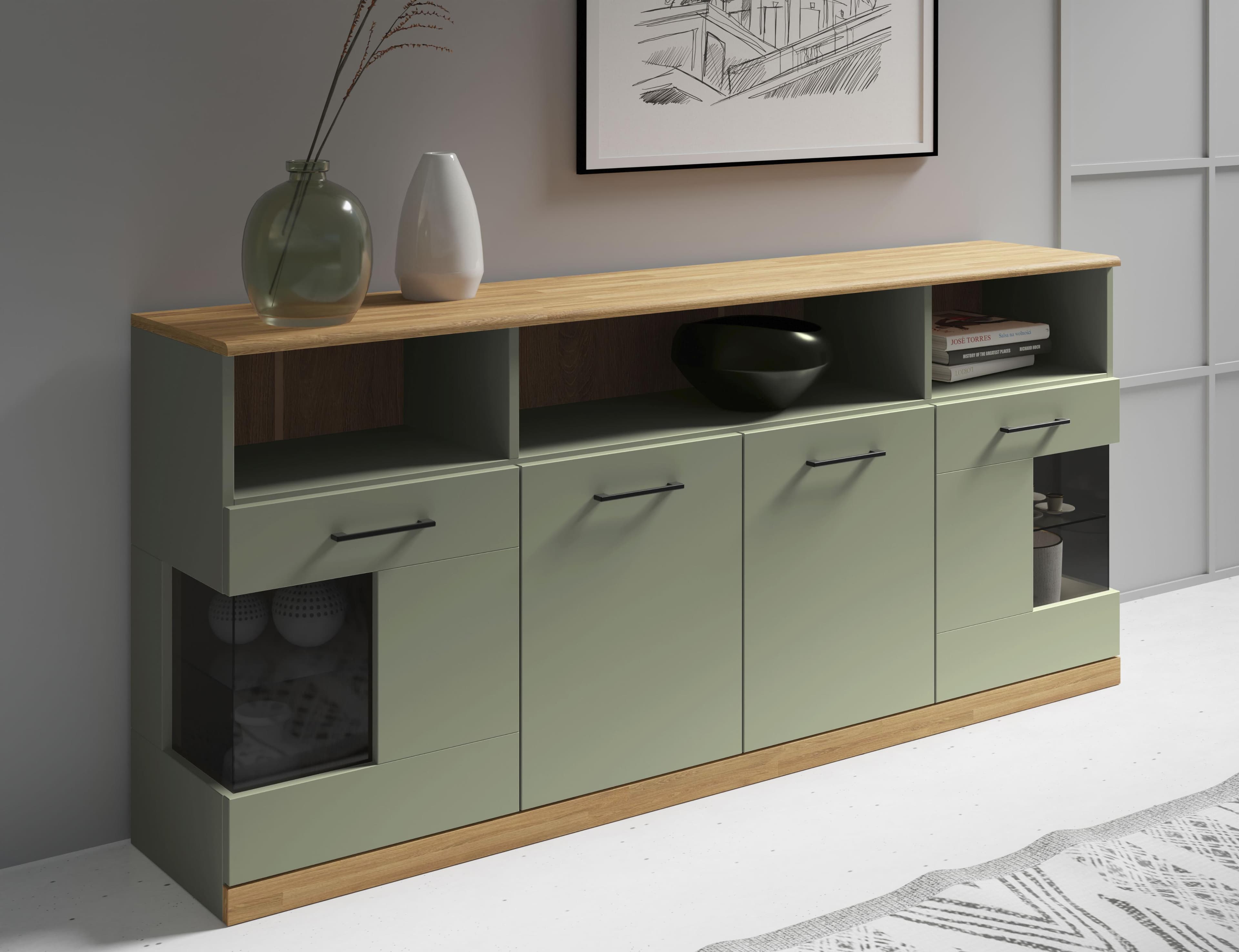 Sideboard HOME AFFAIRE Ribe 180 cm breit, 80 cm hoch, 9 Fächer, salbei, eiche, FSC-zertifizierter Holzwerkstoff, Massivholz