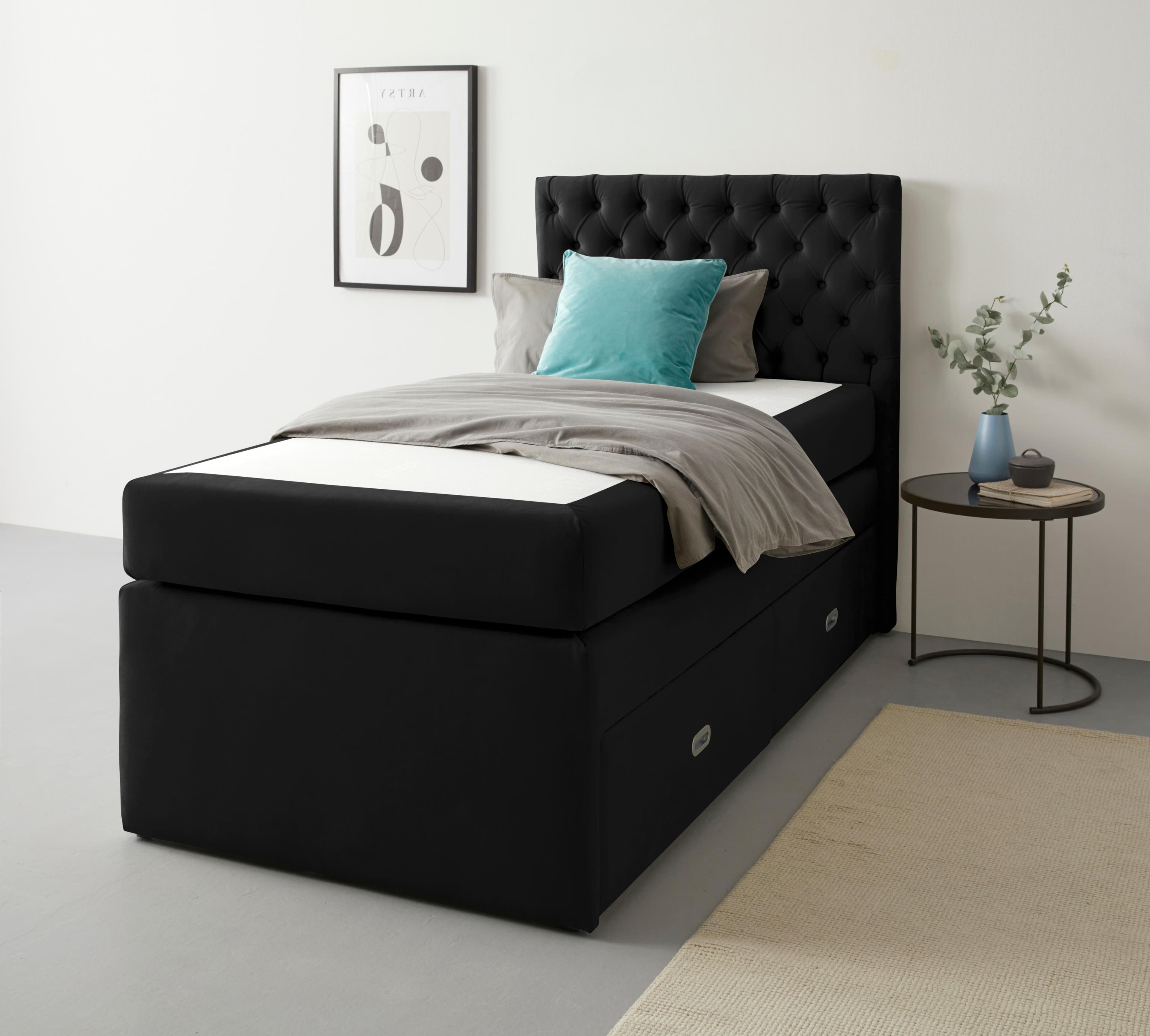 Polsterbett Boxbett Alvi mit Schubladen Taschen-Federkernmatratze Schwarz