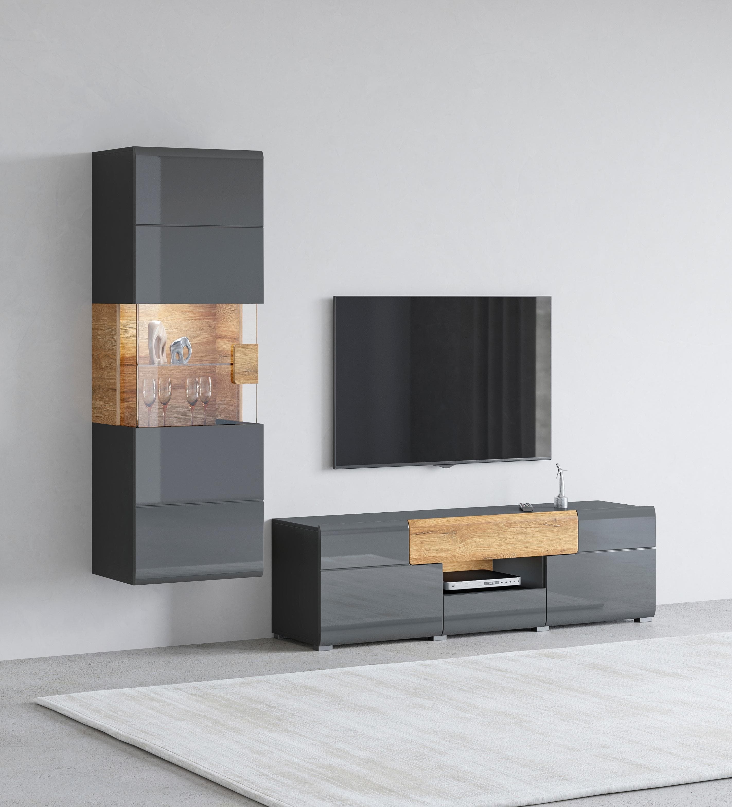 OTTO HOME Wohnwand Toledo Grau Hochglanz mit Hängevitrine und Lowboard