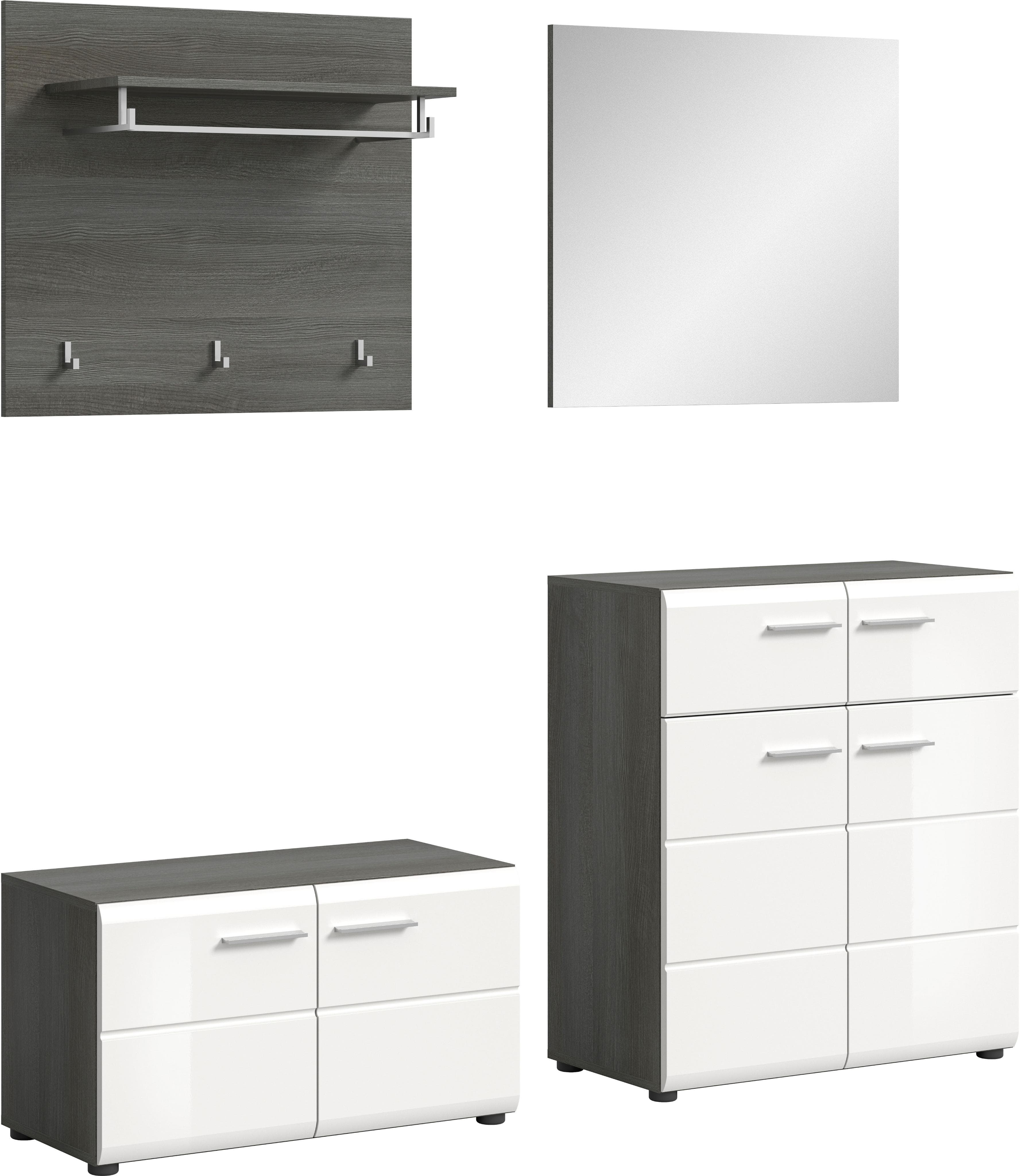 Hochglanz Garderobenset - Sitzbank, Spiegel & Schuhschrank