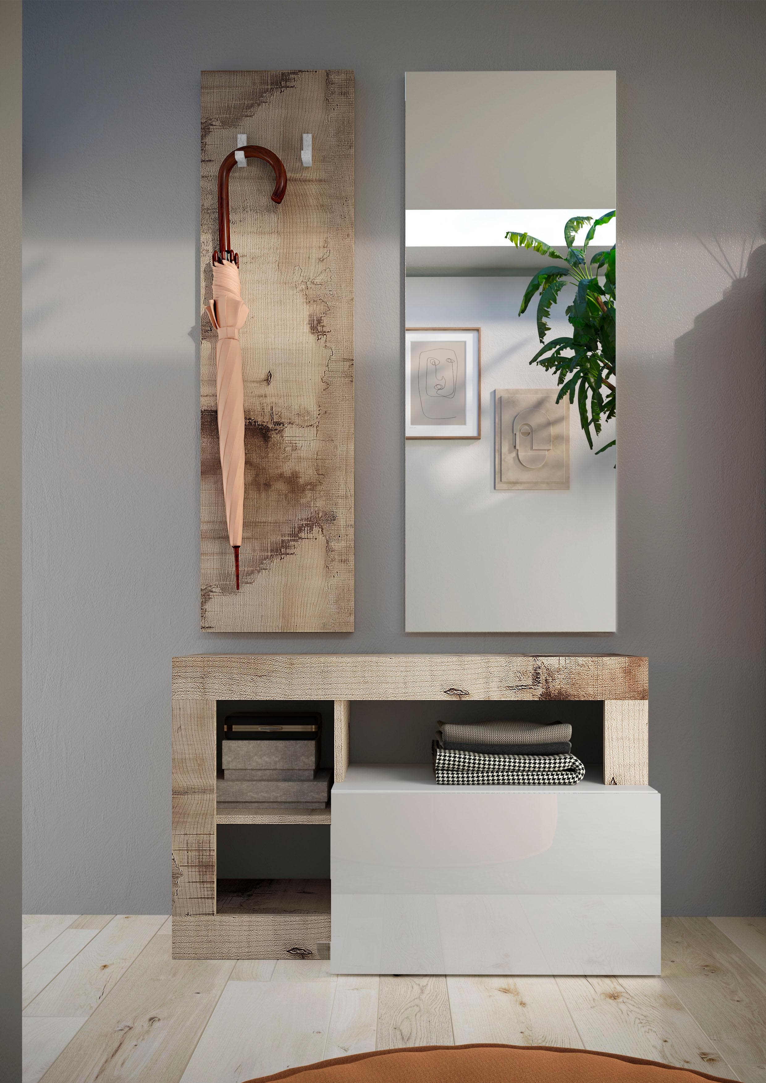 Elegantes Garderobenset mit Bank, Spiegel und Panel