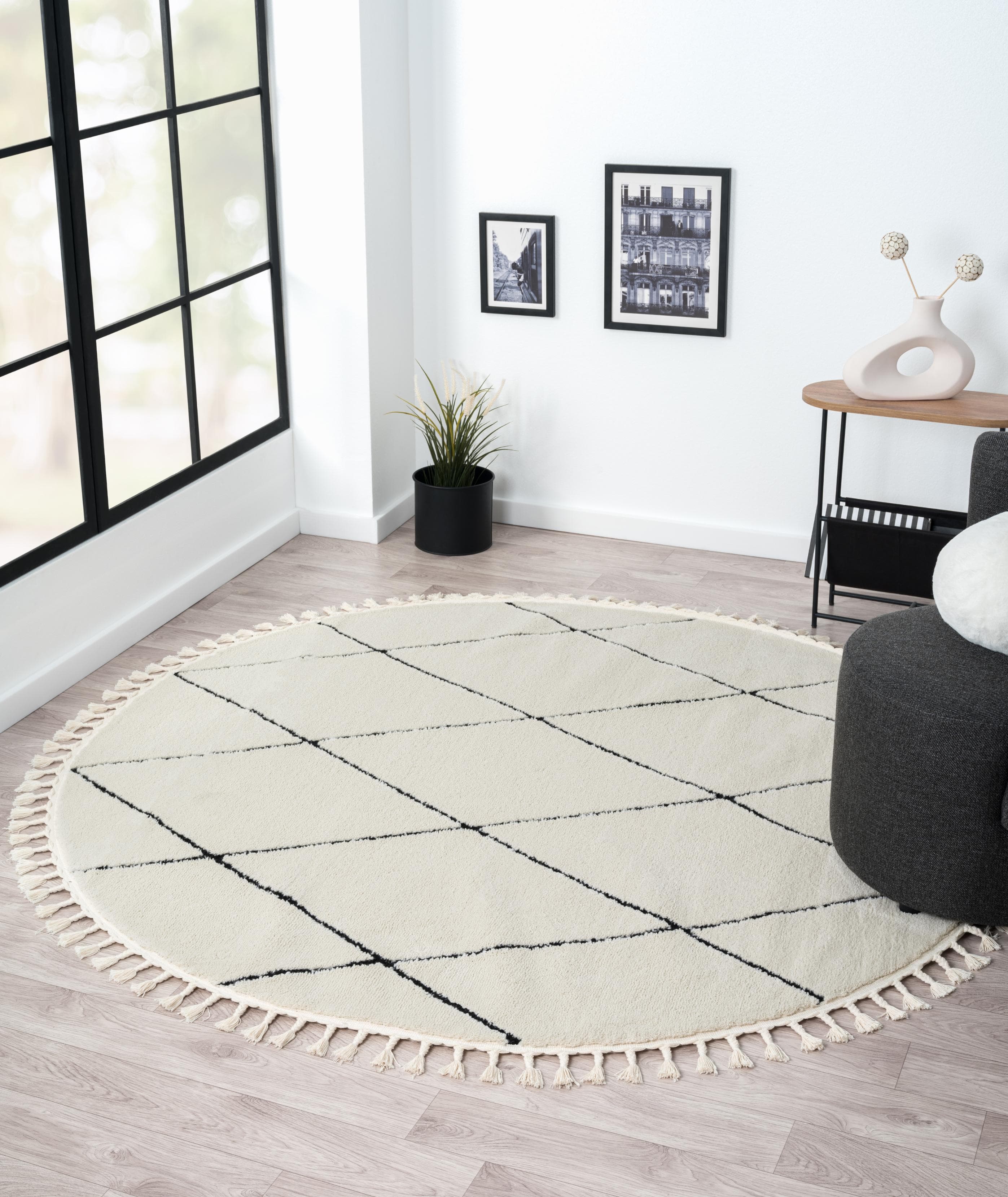 MyFlair Hochflor-Teppich Moroccan Diamond Schwarz-Weiß Rund