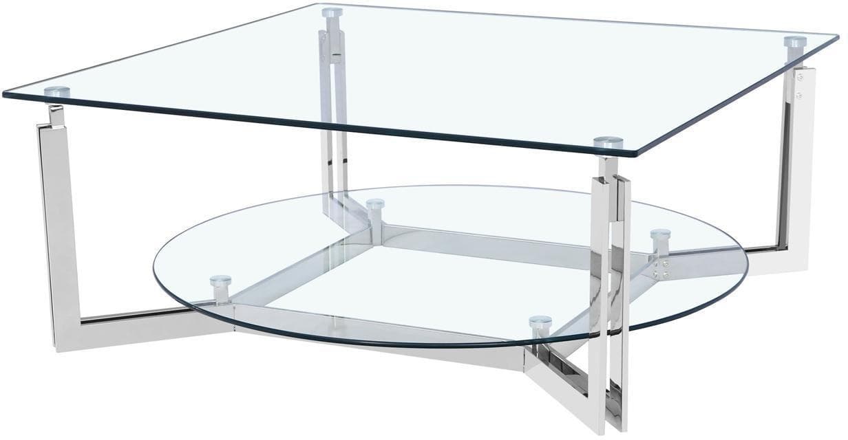 Moderner Couchtisch aus Glas und Metall in grau und chromfarben