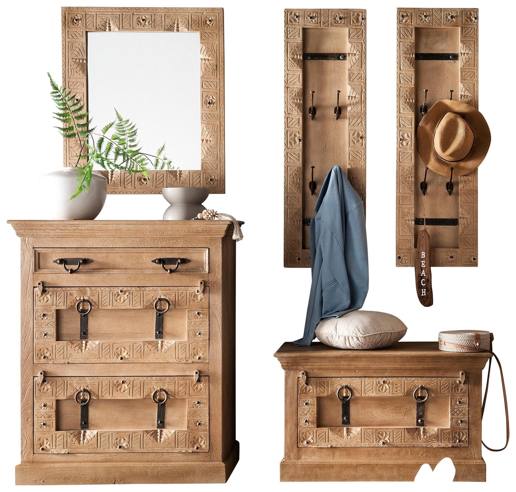 Garderoben-Set SIT, Massivholz, Natur, 1 großer Schuhschrank, 1 kleiner Schuhschrank, 2 Garderobenpaneele, 1 Spiegel