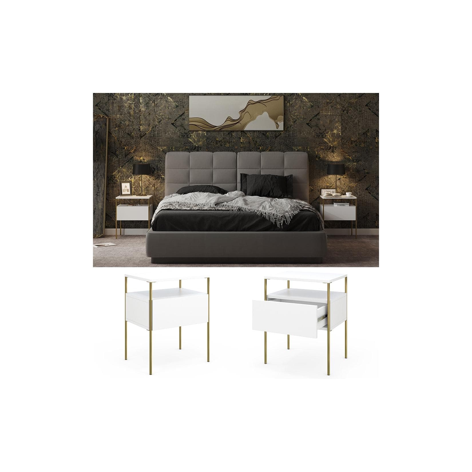Vicco Nachtschrank Mira 2er Set Weiß Gold Modern
