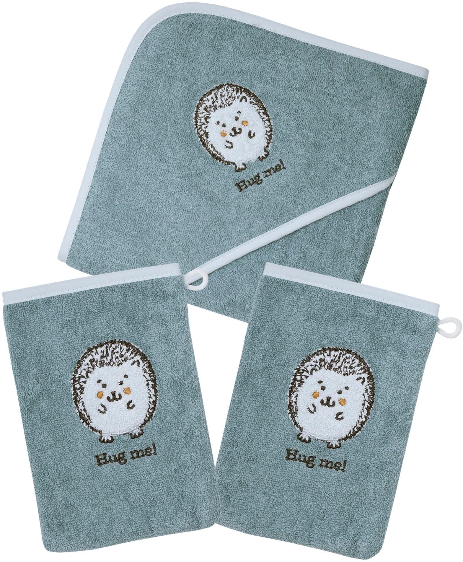 WÖRNER Handtuch Set Igel Blau 3-tlg. Kapuzenbadetuch Bio-Baumwolle