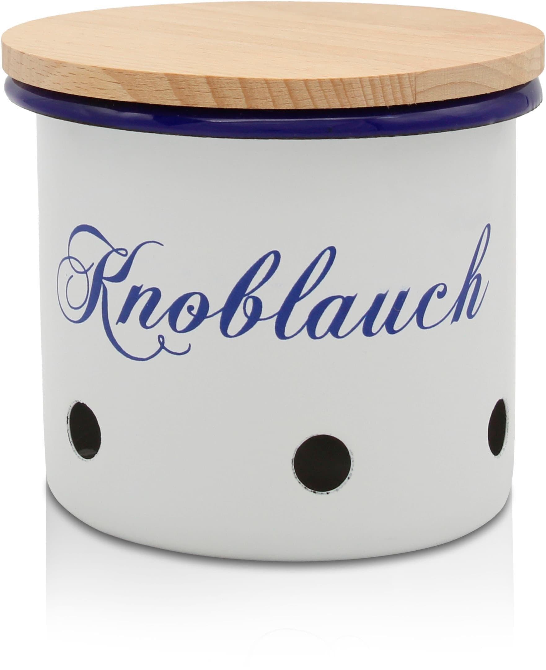 Vorratsdose KRÜGER Emaille Husum Knoblauch Holzdeckel 10 cm Blau