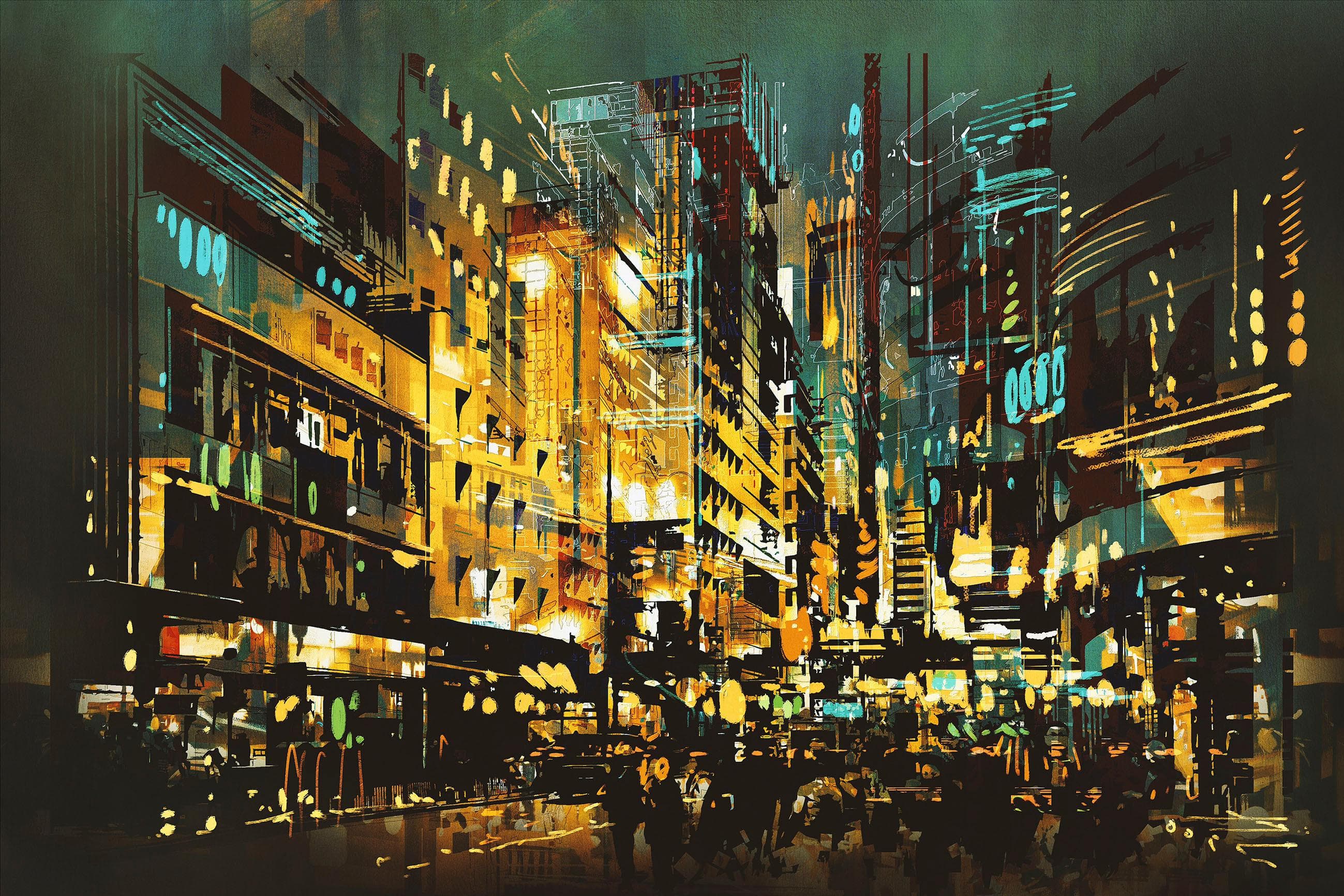 QUEENCE Leinwandbild Beleuchtete Stadt Gelb 60x40 cm