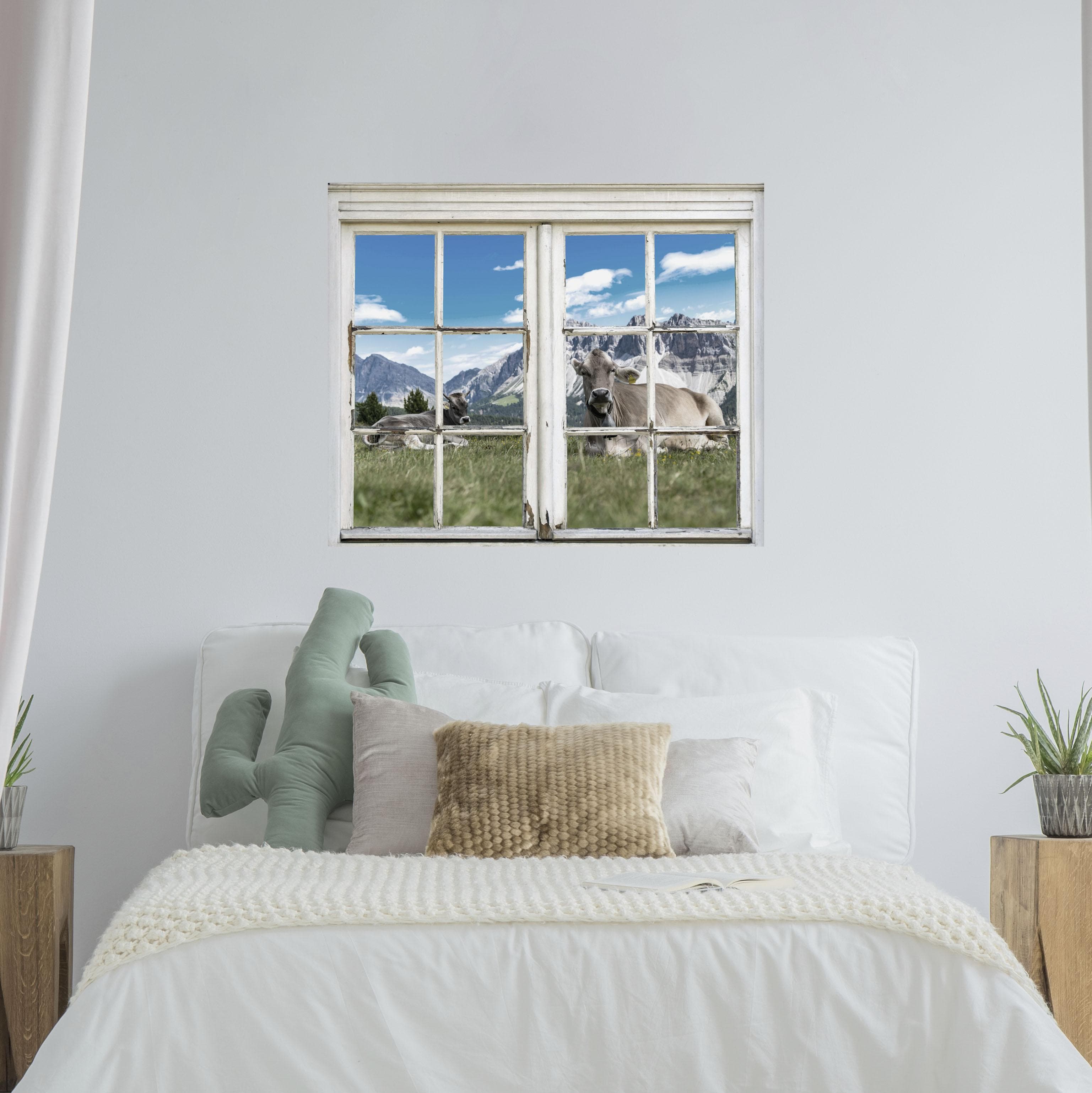 Wandsticker QUEENCE Kühe auf der Alm Grau Fensterdurchbruch Wandtattoo