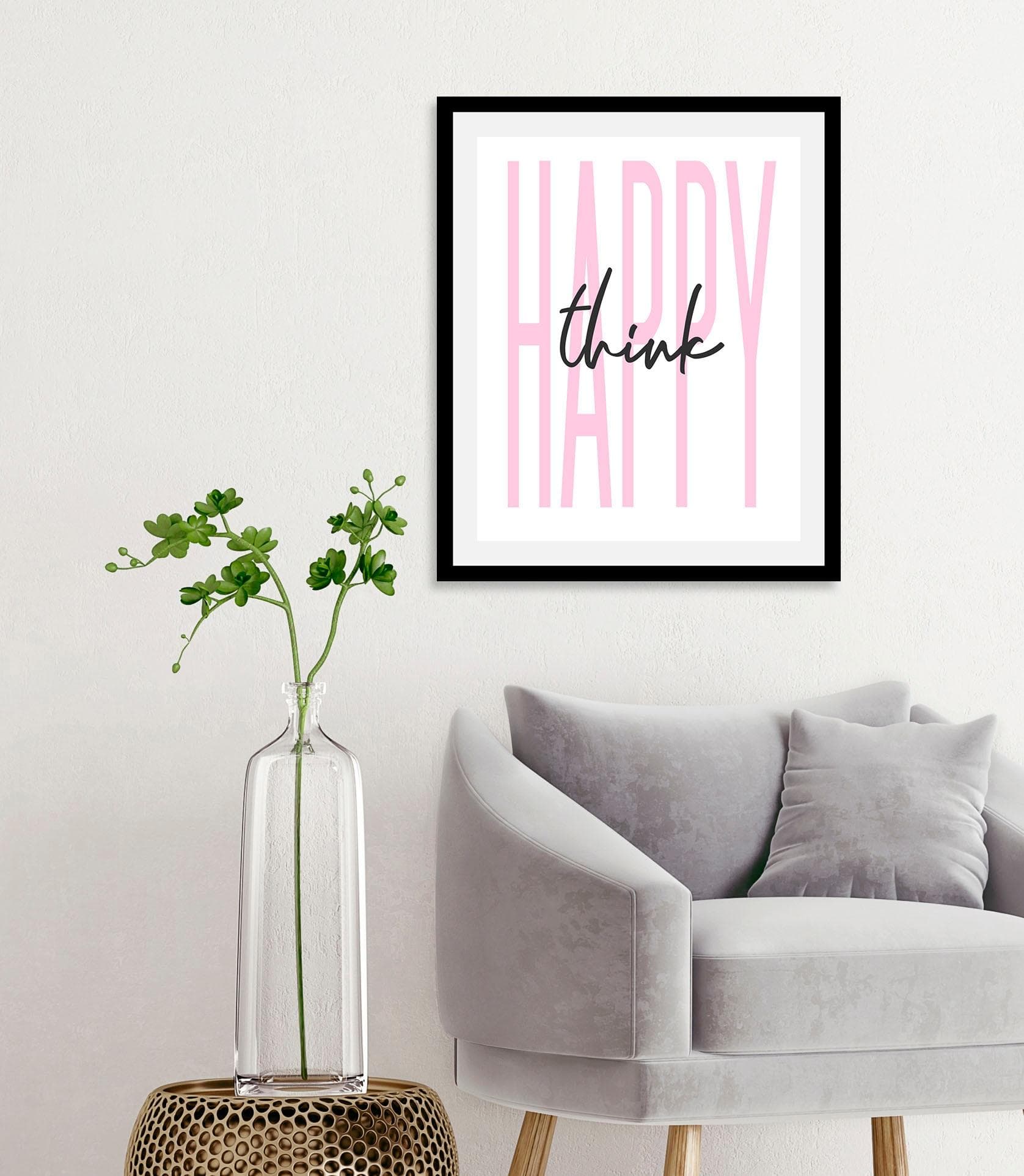 QUEENCE Wandbild Think Happy Rosa Schwarz 30x40 cm