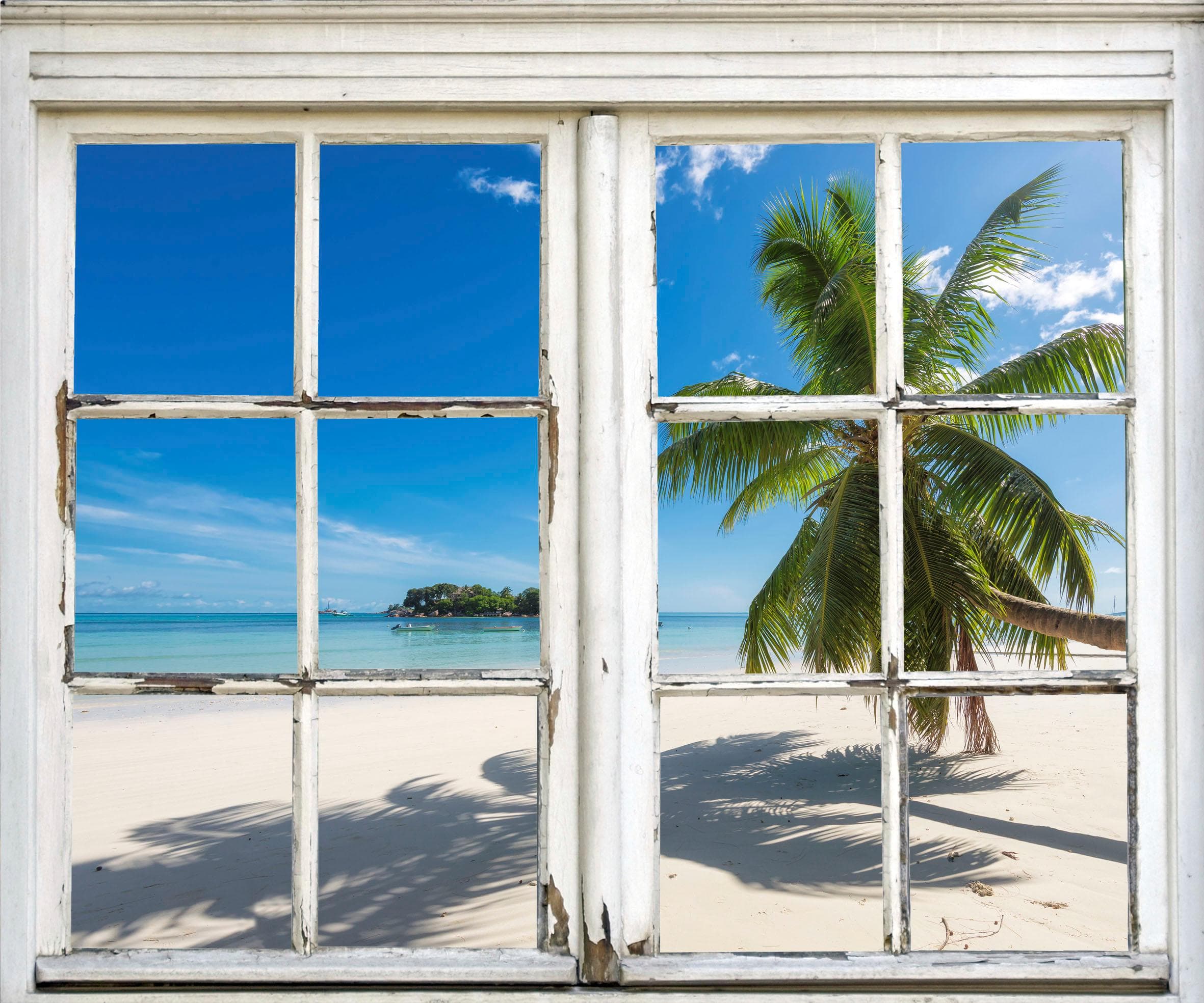 queence Sandstrand Wandsticker: 3D Fensterblick auf Traumstrand