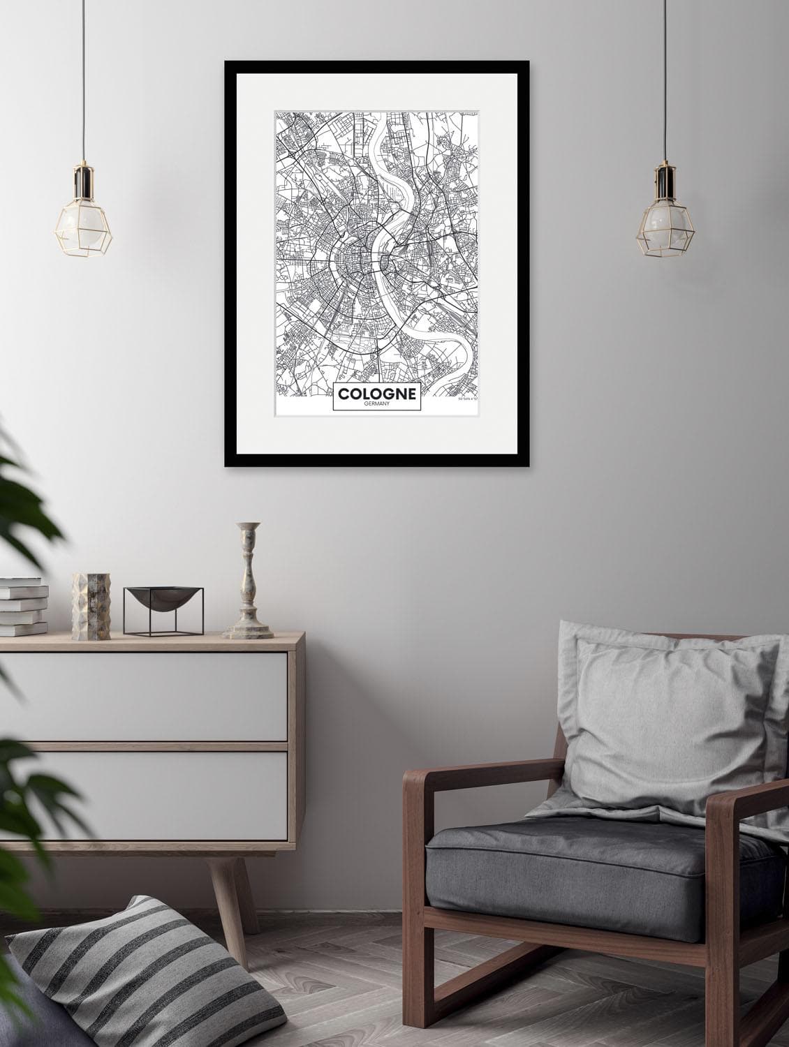 QUEENCE Bild Cologne Stadtkarte Schwarz Weiß HD-Druck