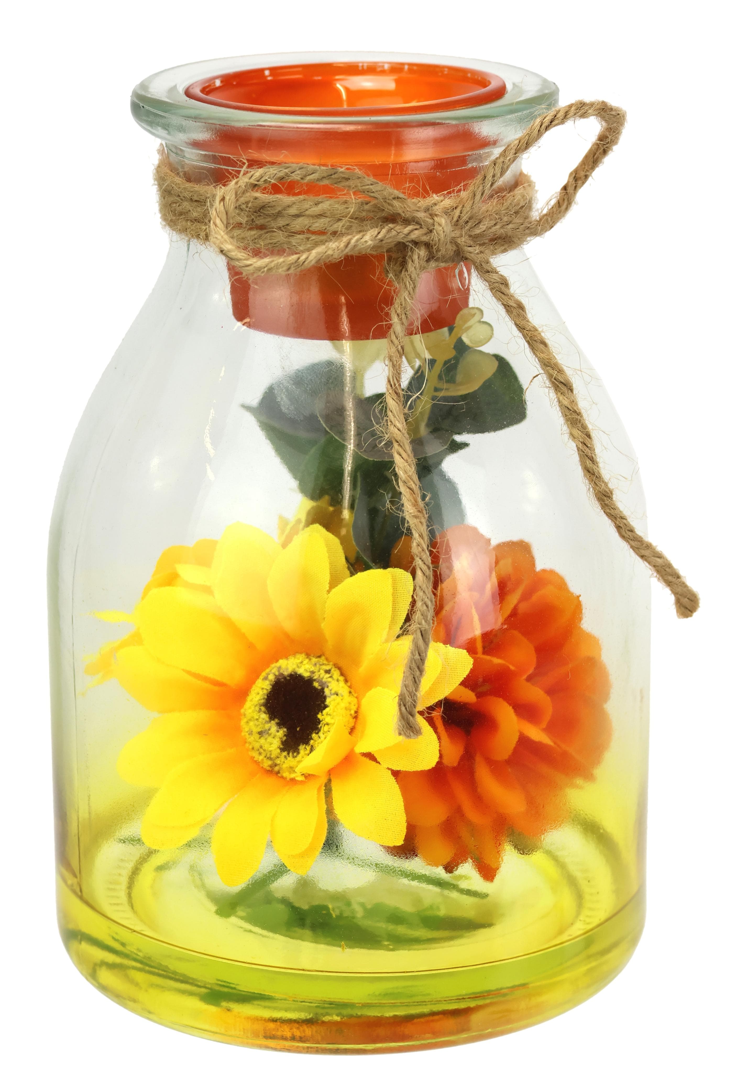 I.GE.A. Glas Teelichthalter mit Herbstdeko: Sonnenblume, Dahlie & Eukalyptus