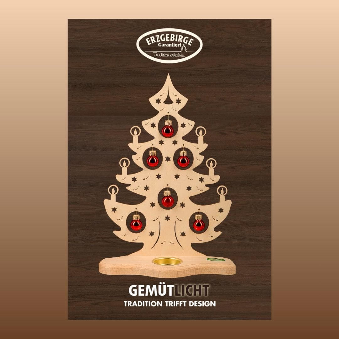 Weigla Teelichthalter Weihnachtsbaum mit roten Kugeln, NATUR, Made in Germany