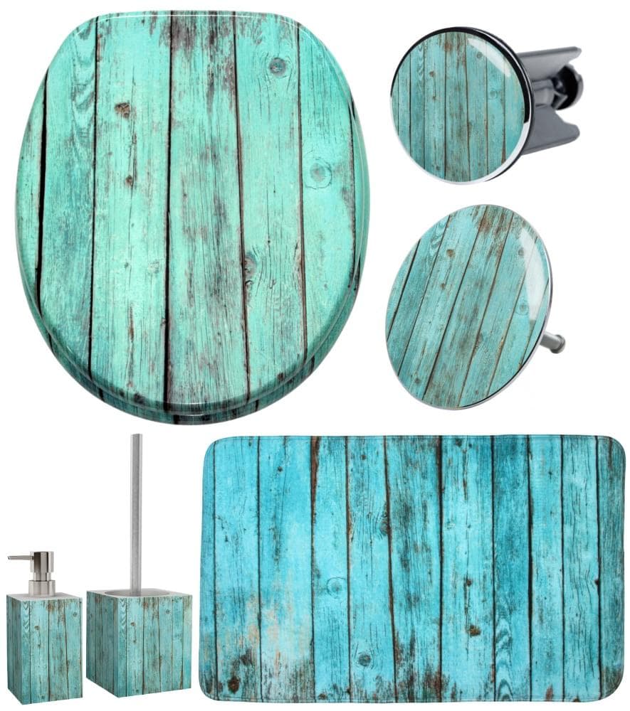 Badaccessoire-Set SANILO "Lumber" Blau Türkis WC-Sitz Badteppich Stöpsel Seifenspender WC-Bürste