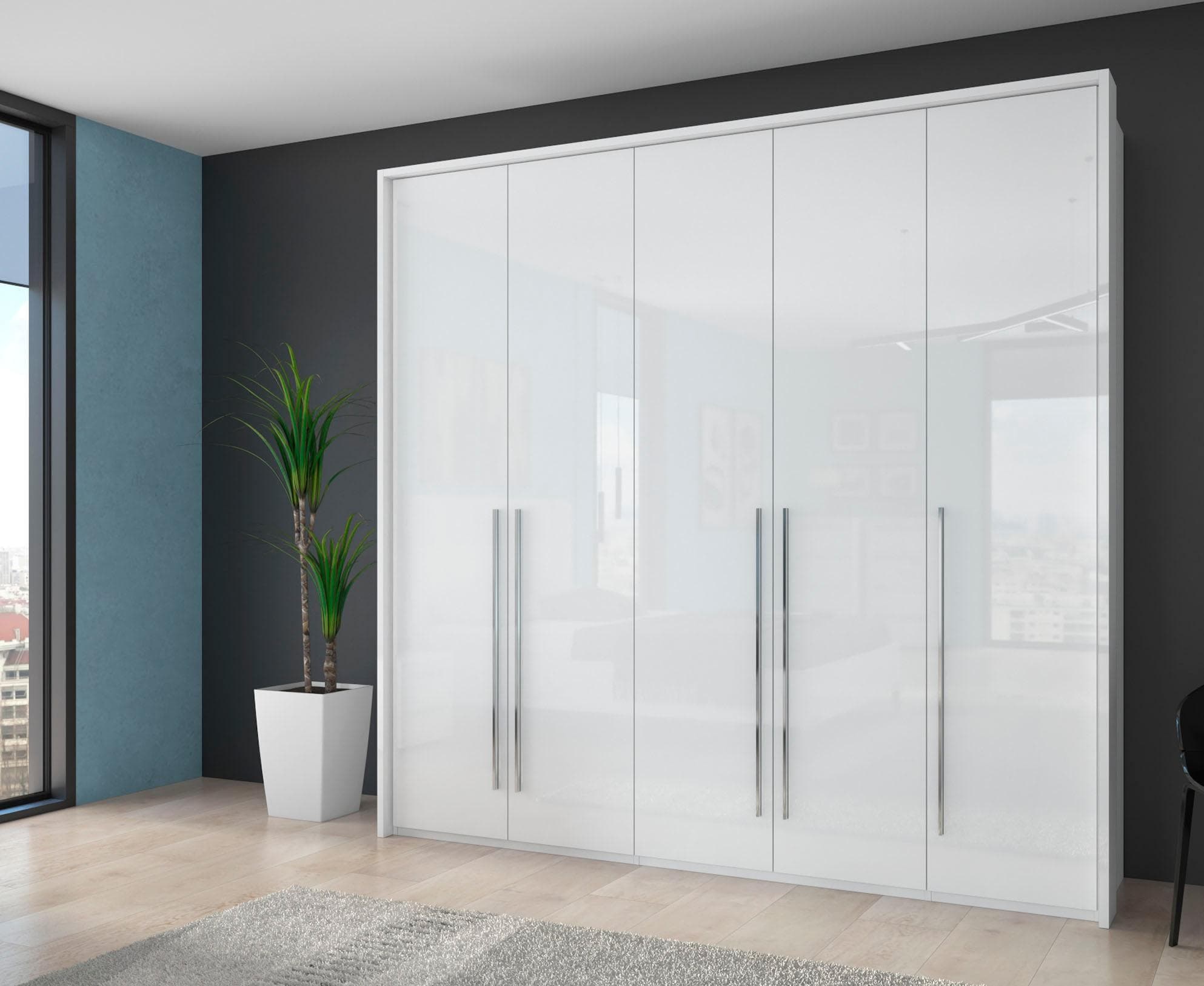 Hochglanz Kleiderschrank weiß mit Beleuchtung & Soft-Close