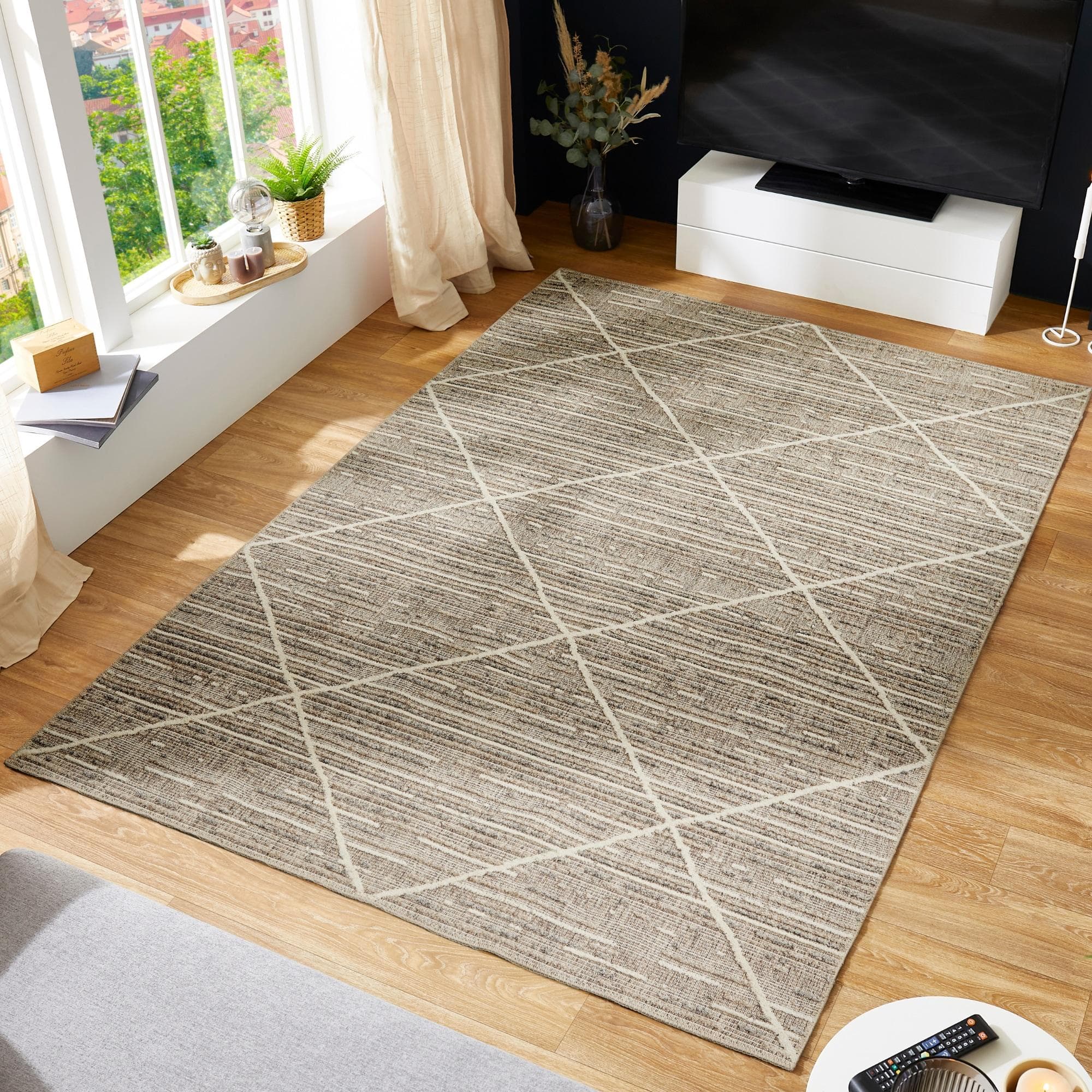 LUXOR LIVING Teppich Crosby Grau Braun Rauten Design Boho Style