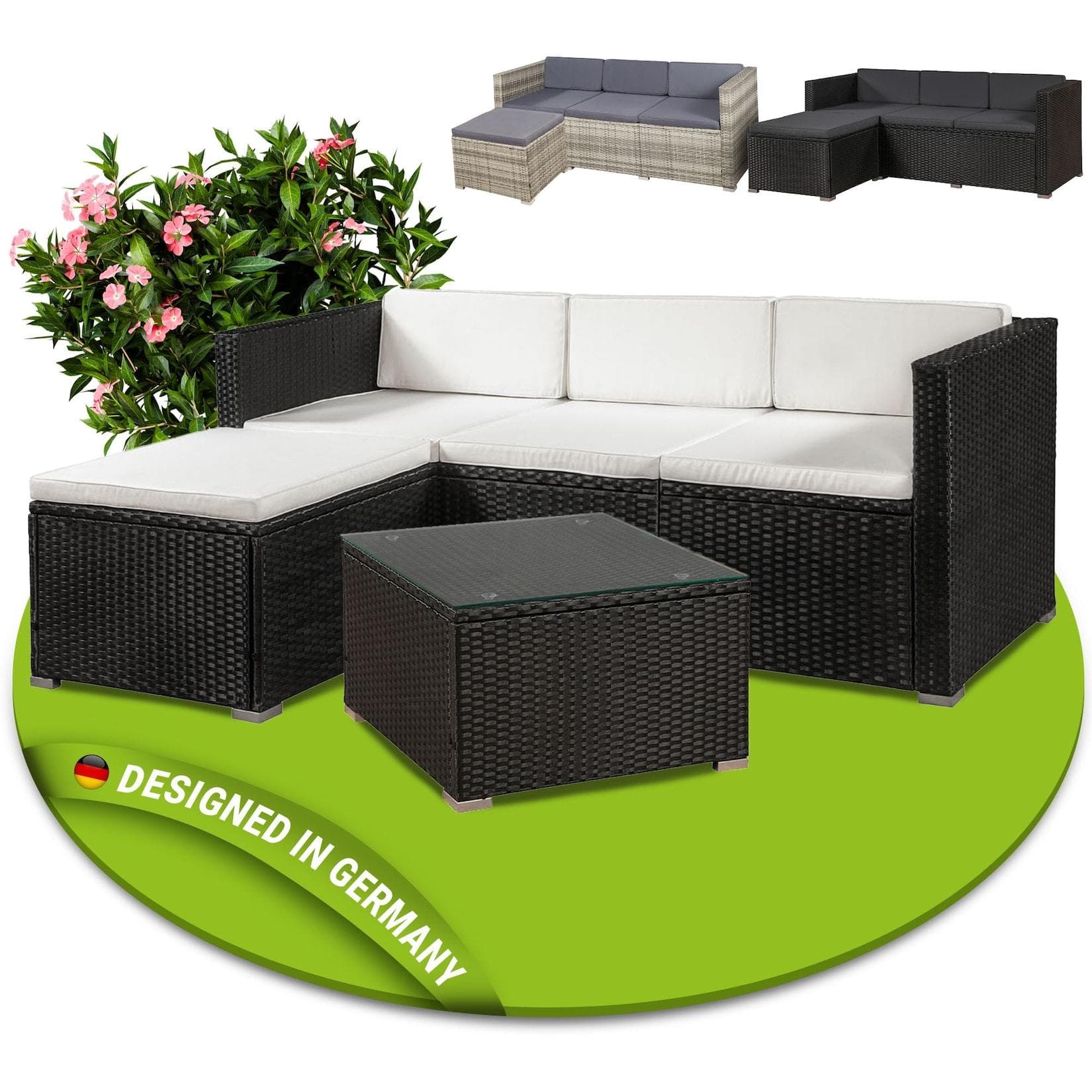 Juskys Gartenlounge-Set Punta Cana Schwarz Polyrattan mit Kissen