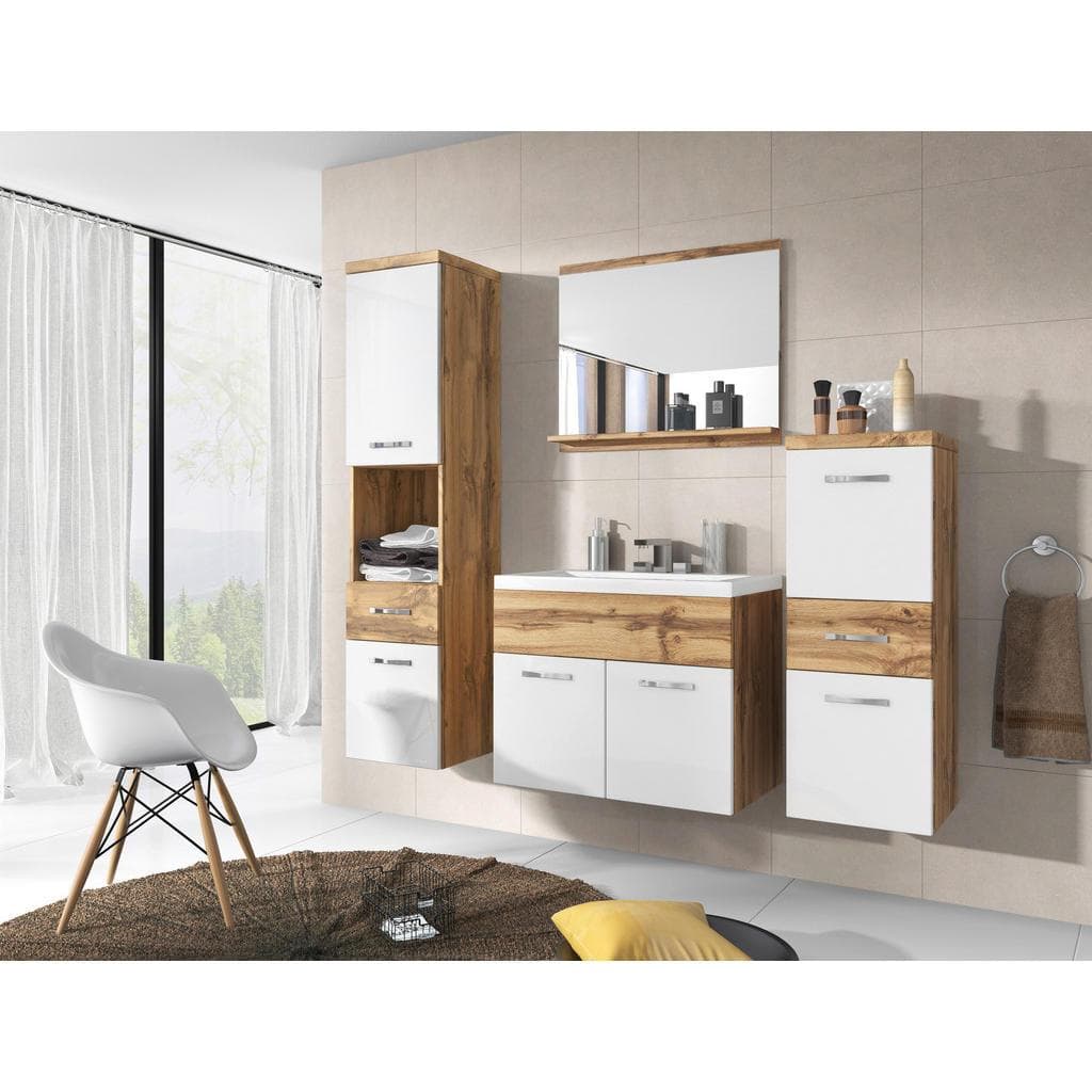 P & B Badezimmer Set Eiche Wotan Weiß Hochglanz Metall 5-teilig 2 Fächer 5 Schubladen 120 cm FSC