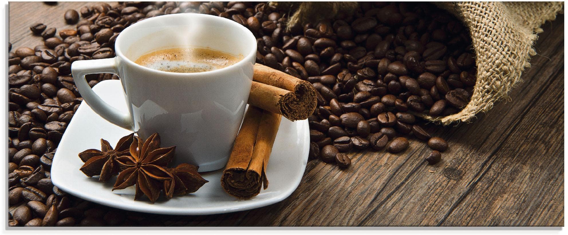 Artland Glasbild Kaffeetasse Leinensack mit Kaffeebohnen