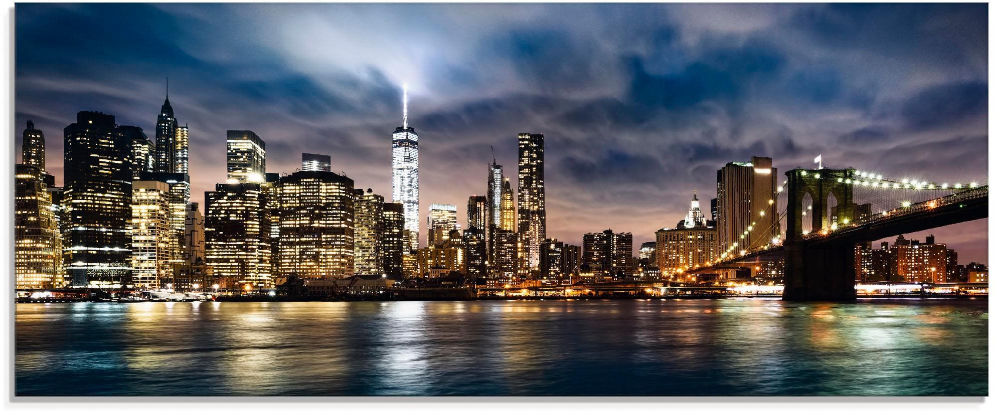 Glasbild ARTLAND Sonnenaufgang über Manhattan Blau