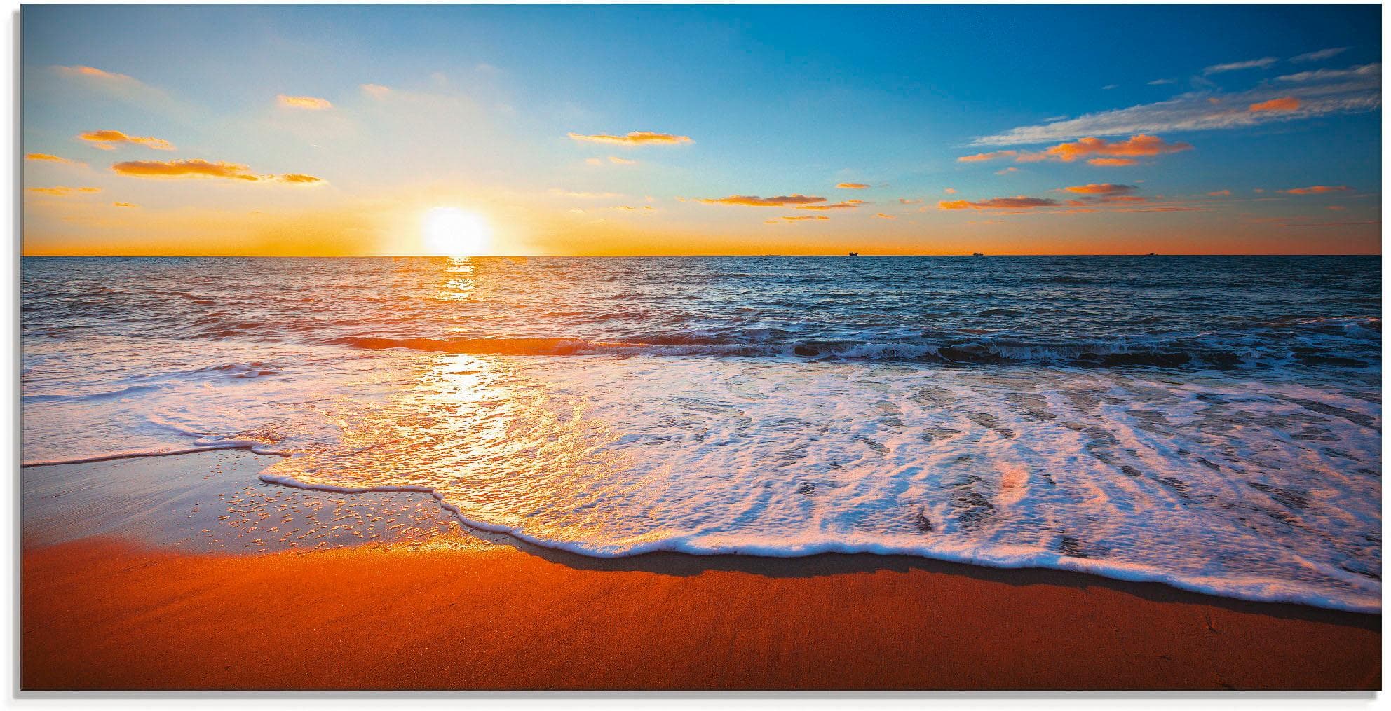 ARTLAND Glasbild Sonnenuntergang Meer Blau Wanddekoration