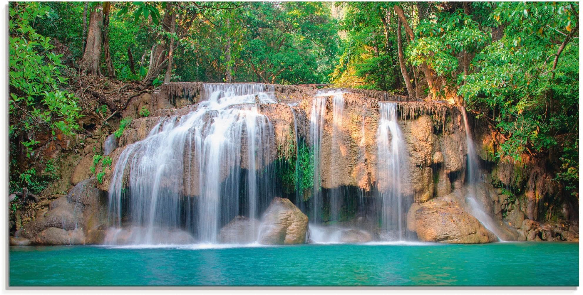 ARTLAND Glasbild Wasserfall im Wald National Park Grün