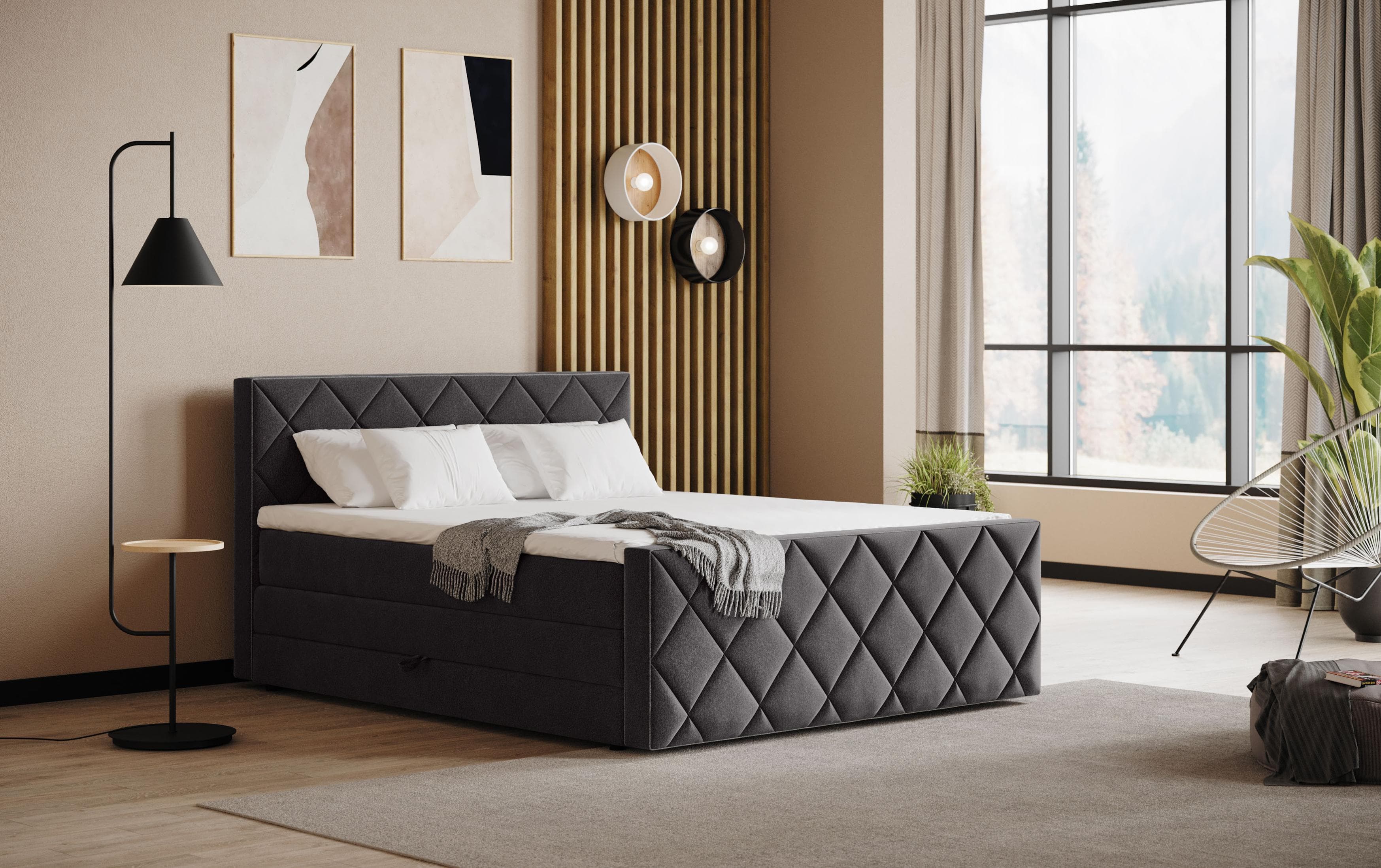 Boxspringbett COTTA Tower mit Bettkasten, Schwarz Anthrazit, 7-Zonen-Taschen-Federkernmatratze
