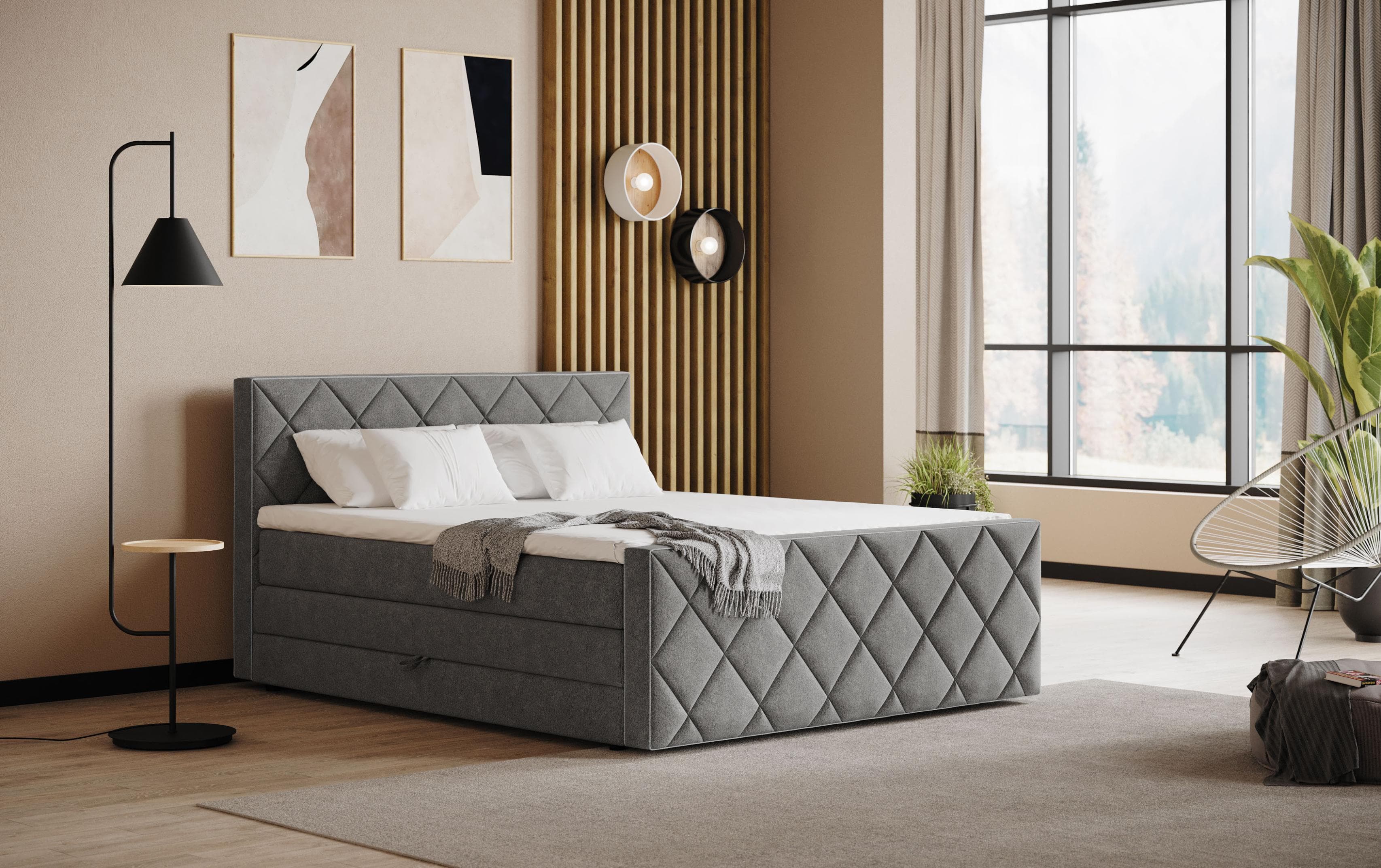 Boxspringbett COTTA Tower mit Bettkasten und Keder in abgesetzter Farbe