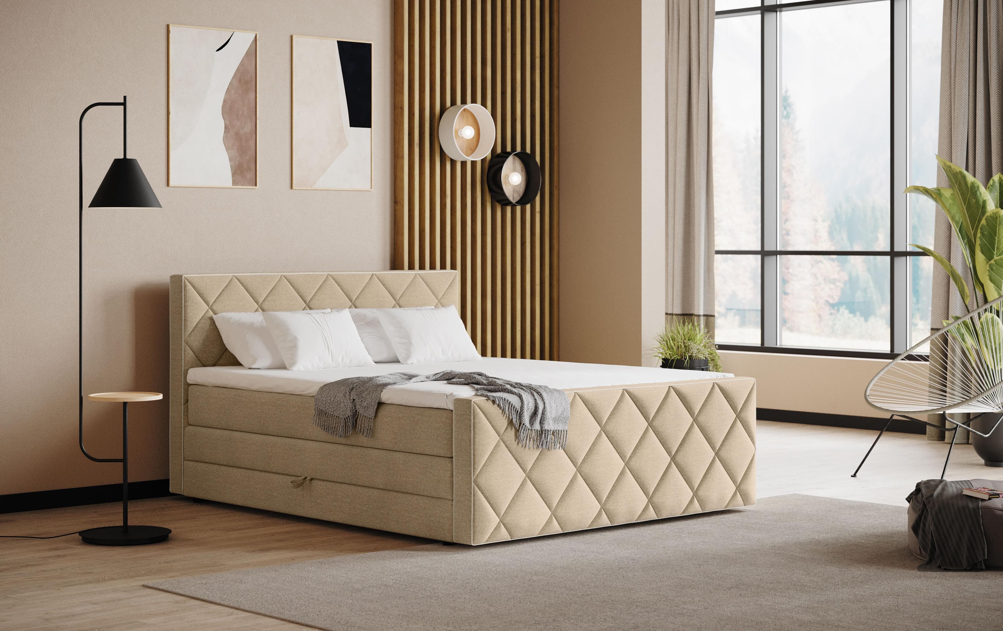 Boxspringbett COTTA Tower inkl. Bettkasten mit Keder in abgesetzter Farbe, sand/beige