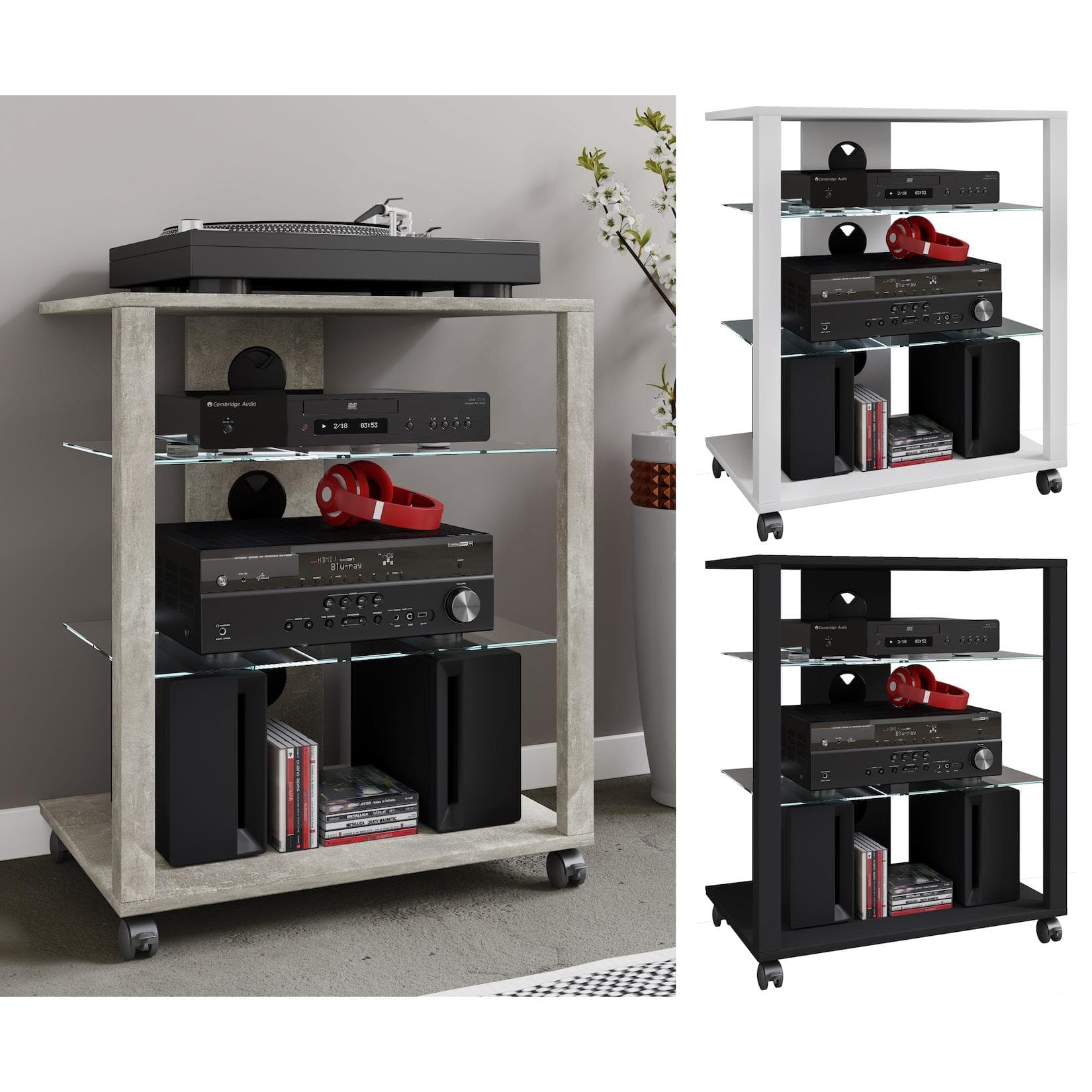 VCM Hifi Möbel Rack Folas Weiß mit Glasböden und Rollen