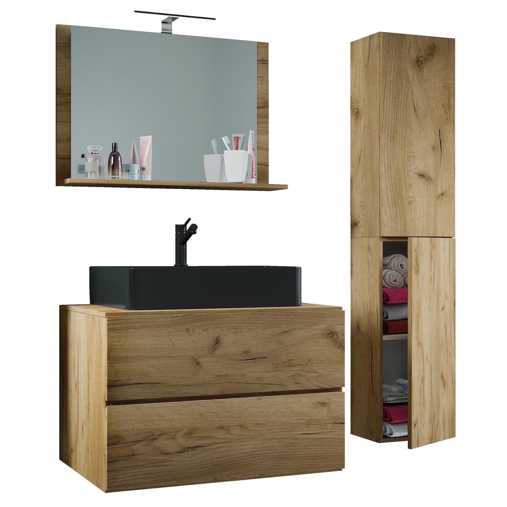 VCM 4-tlg. Waschplatz Waschtisch Waschbecken Unterschrank Breite 80 cm Badmöbel-Set mit Schubladen Drehtüren Spiegel