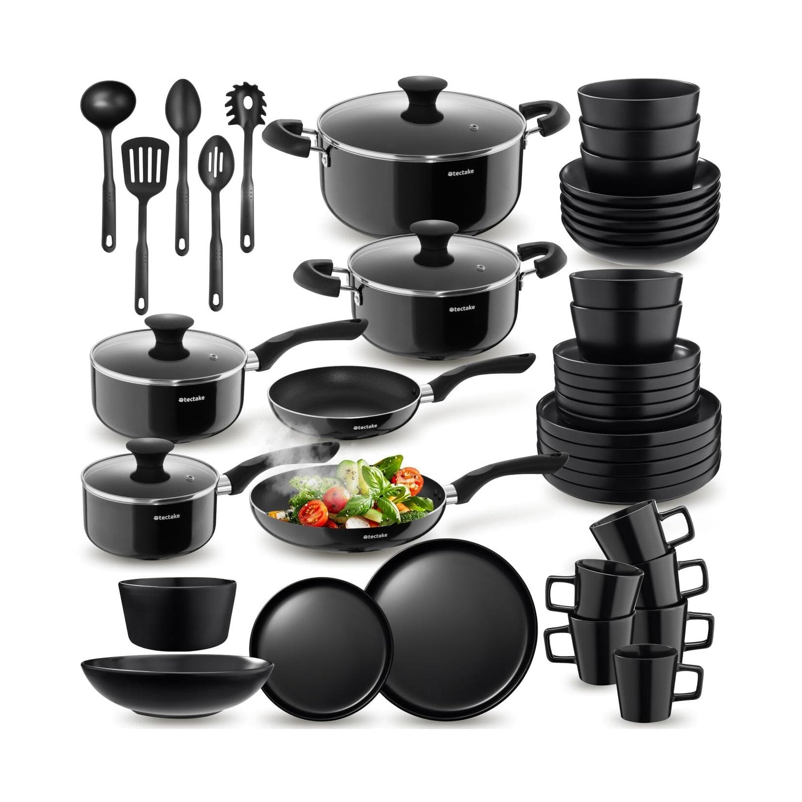 tectake® Küchenstarterset, Geschirrset aus Steingut, mit Glasur, hitzebeständig und kratzfest, inklusive 5 Küchenwerkzeuge