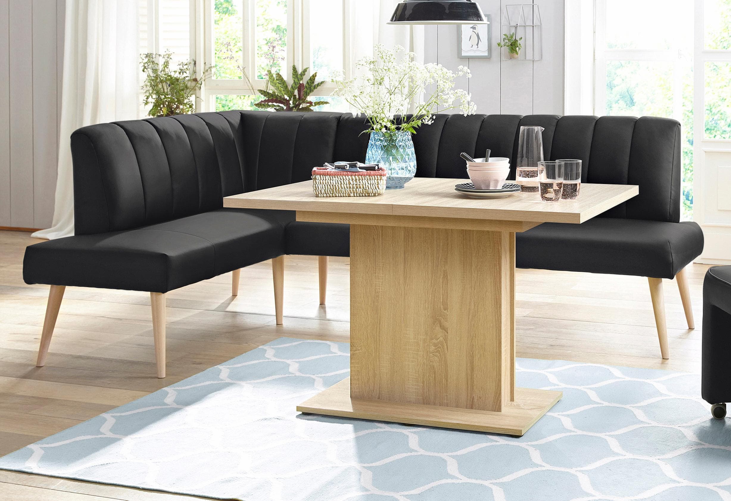 EXXPO Eckbank Costa Schwarz Webvelour Moderne Rückensteppung