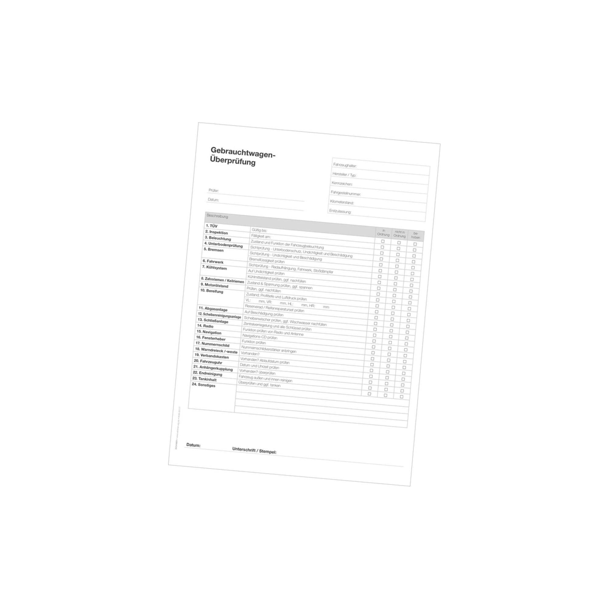 Eichner Block Gebrauchtwagen Überprüfung DIN A4