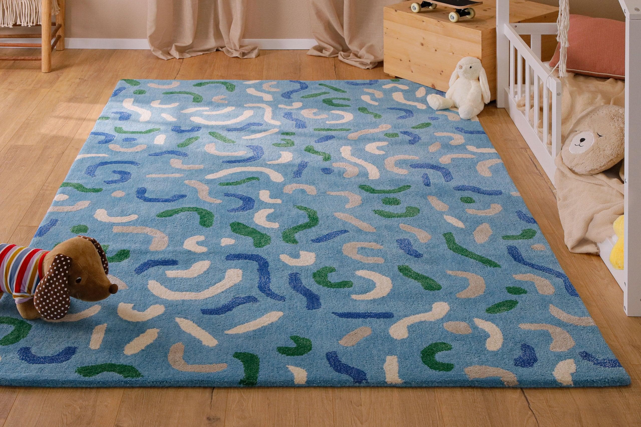Kinder- & Spielteppich aus Schurwolle, Blau, Bunt
