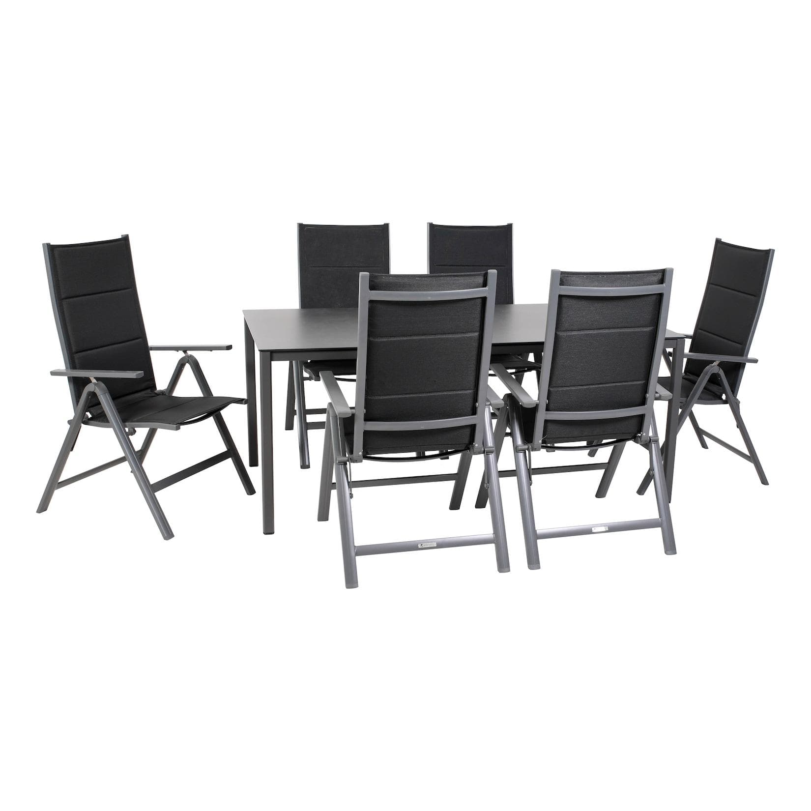 Gartenmöbel-Set Grenada 5, 7-teilig, rechteckiger Tisch, Klappsessel, Aluminium, Textilene, schwarz