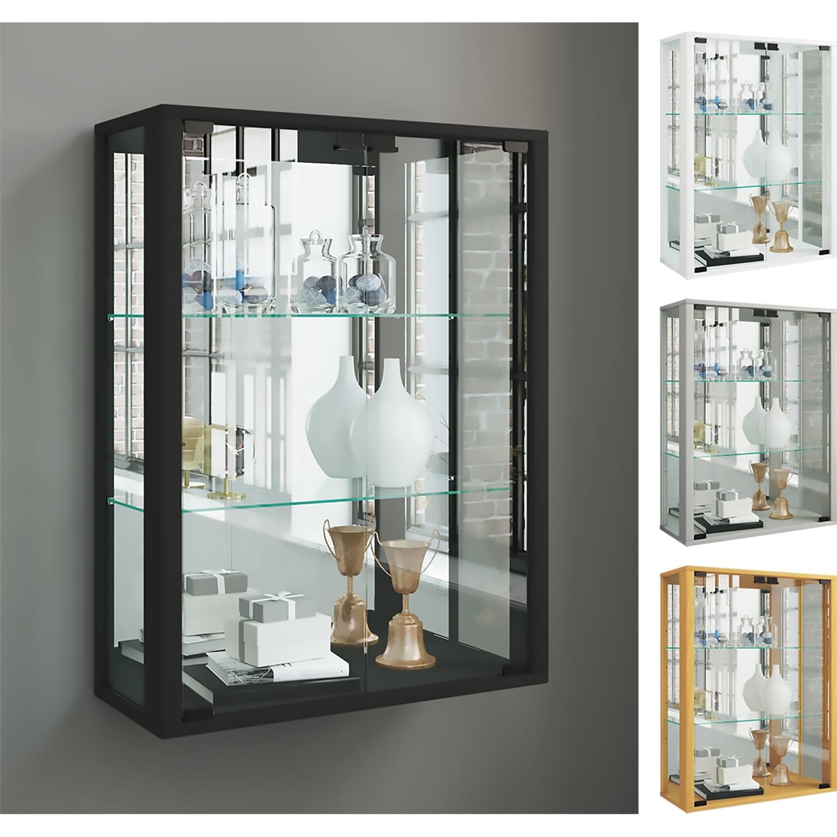VCM Glasvitrine Hängevitrine Schwarz mit Spiegelrückwand