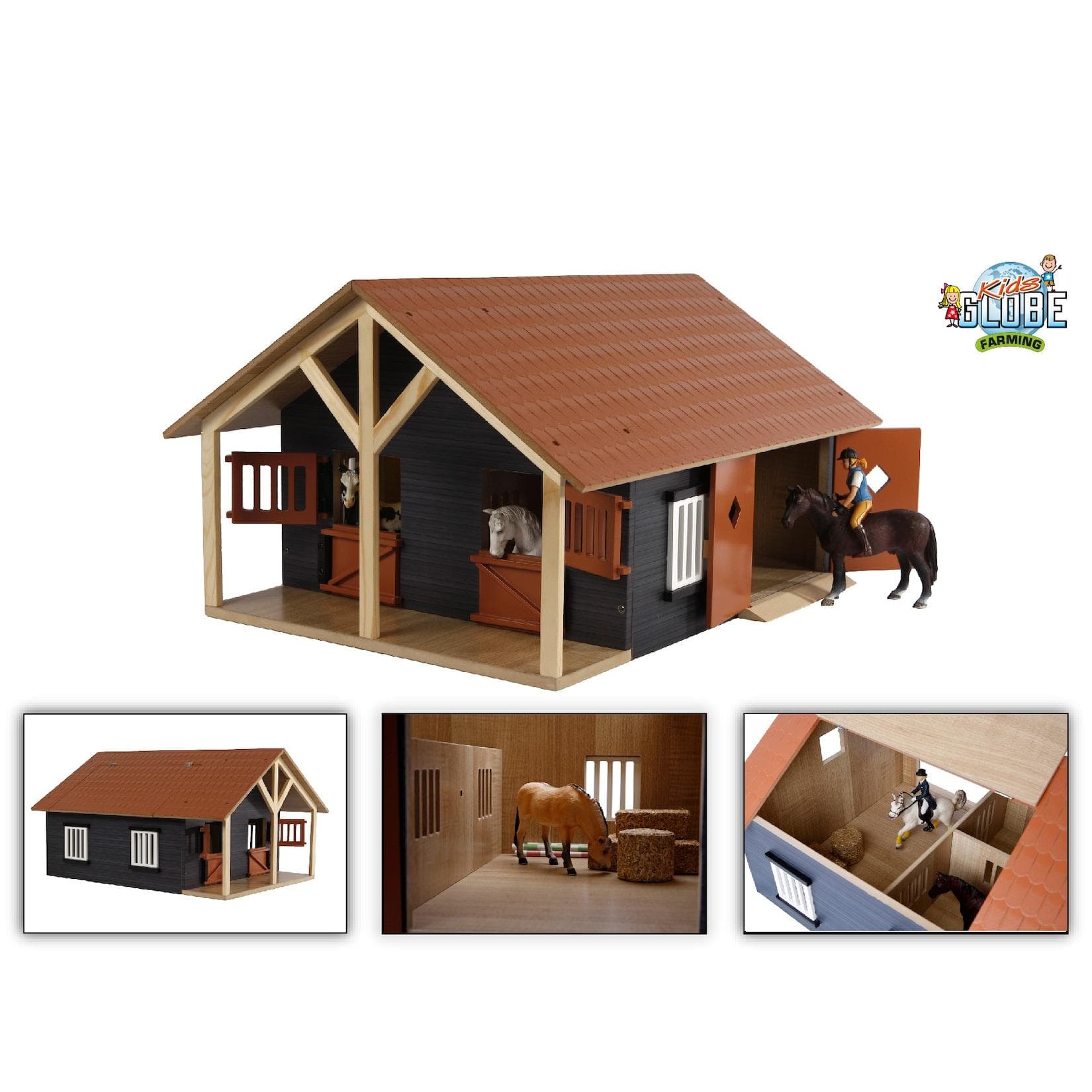 KidsGlobe Farming Pferdestall Holz 1:24 mit 2 Boxen Werkstatt