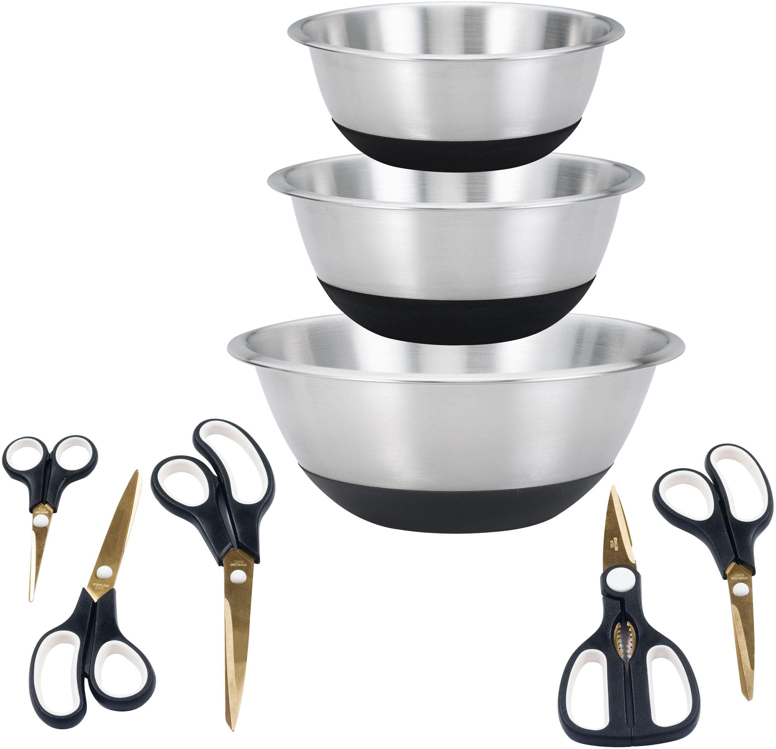 King Schüssel-Set "EASYCUT" Schwarz Edelstahl 3 Schüsseln 5 Scheren