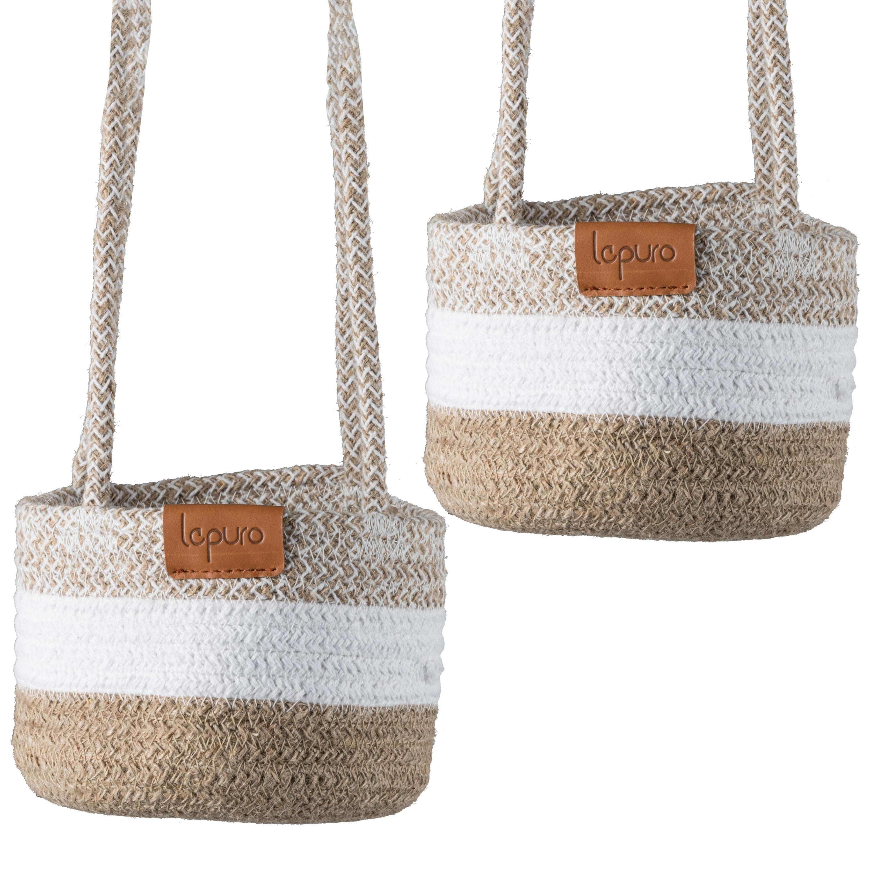 Hängender Übertopf aus Baumwolle und Jute, Weiß/Braun, Ø 15 cm