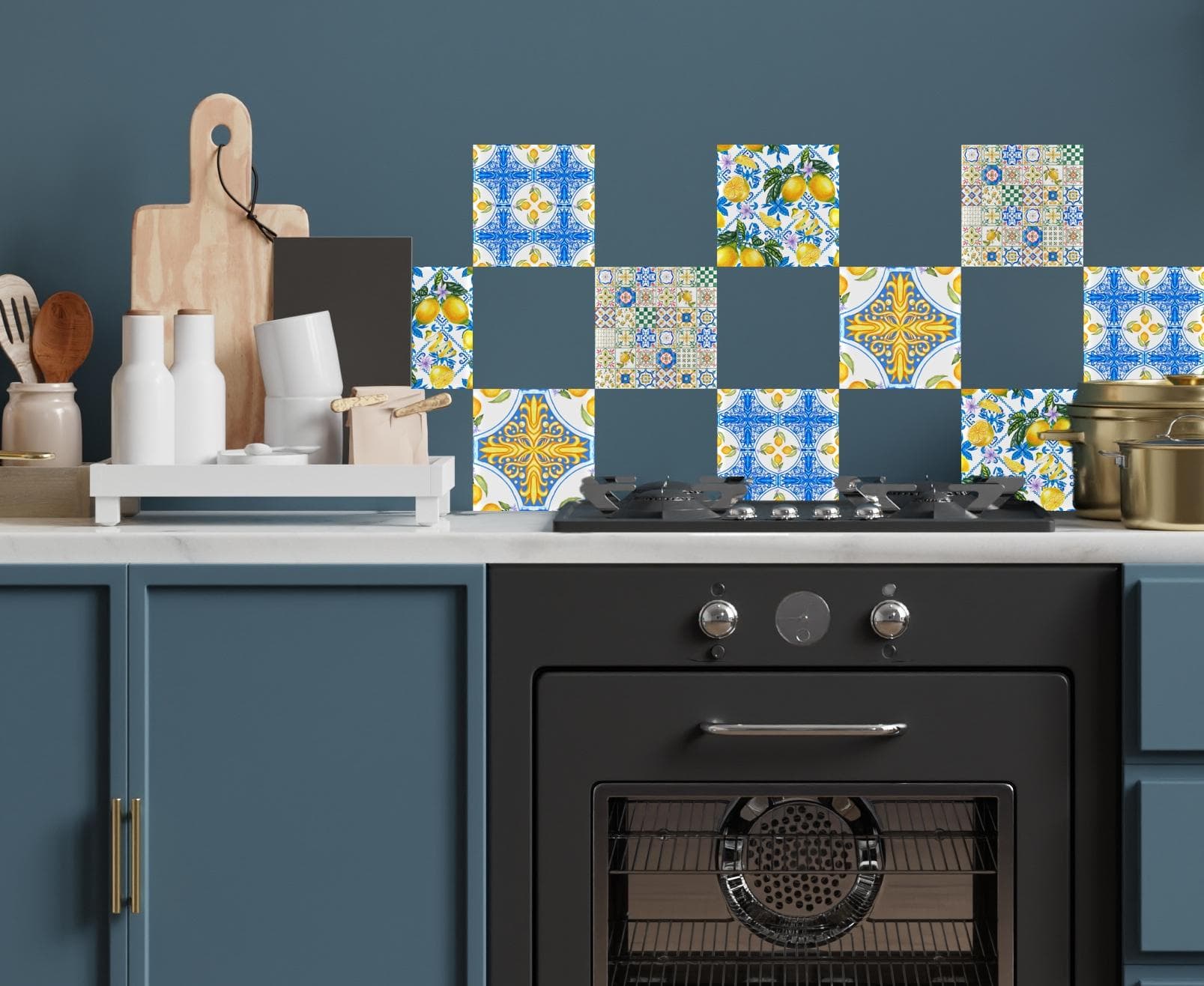 Fliesenaufkleber QUEENCE Zitronen und Ornamente Blau