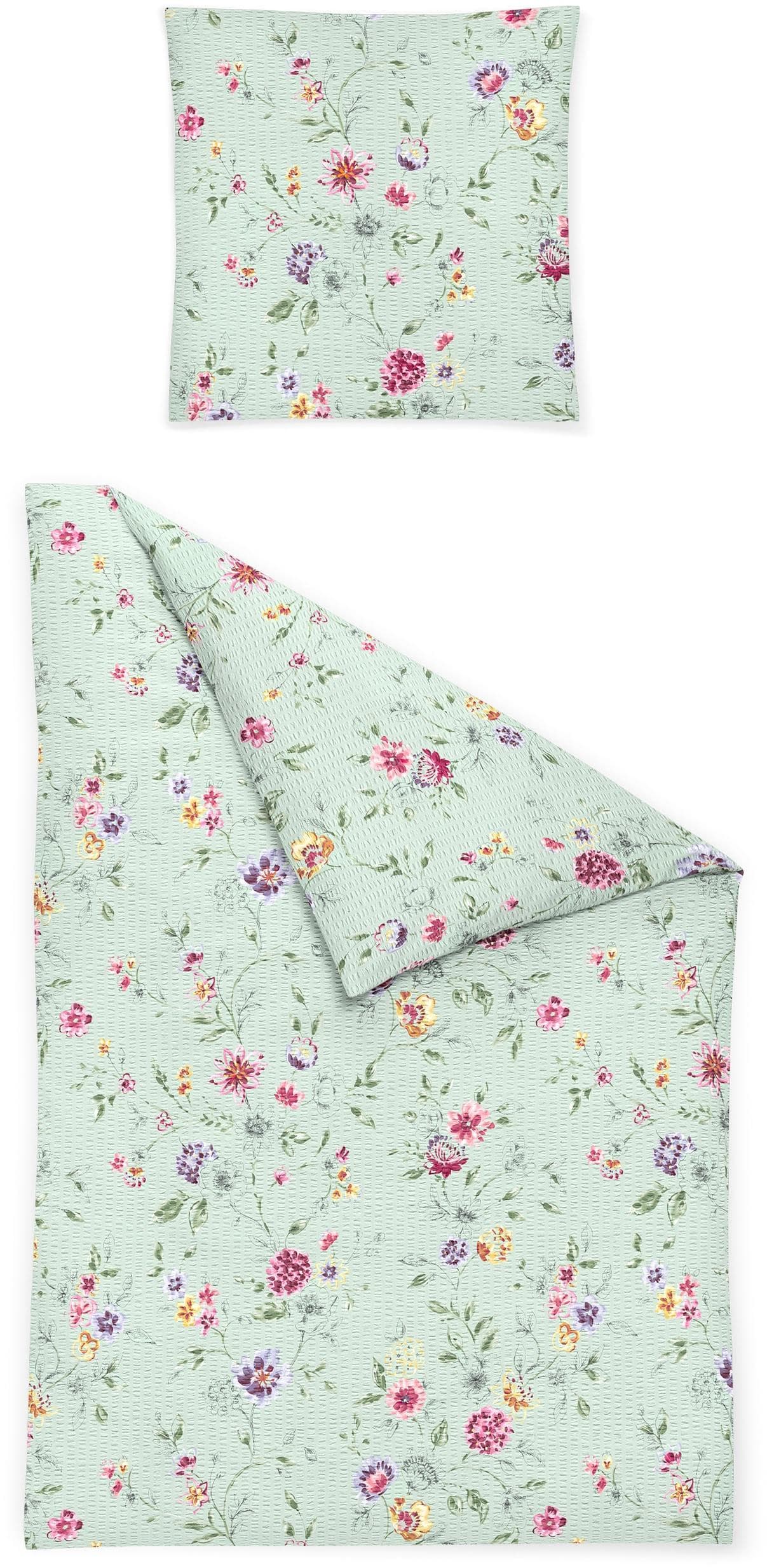 Bierbaum Bettwäsche Set 100% Baumwolle Seersucker Floral Lind