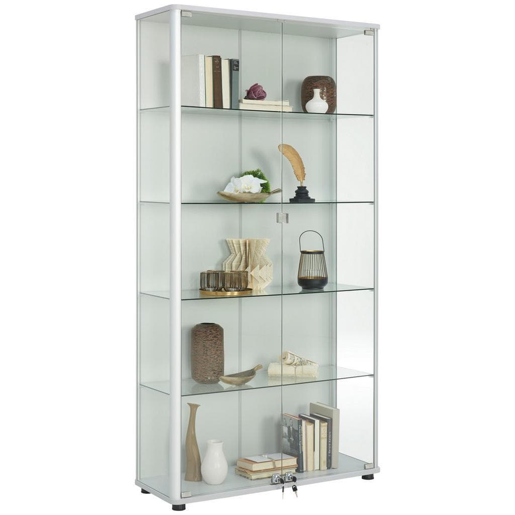 Vitrine Hellgrau Glas 4 Fächer Wohnzimmer Vitrinenschrank