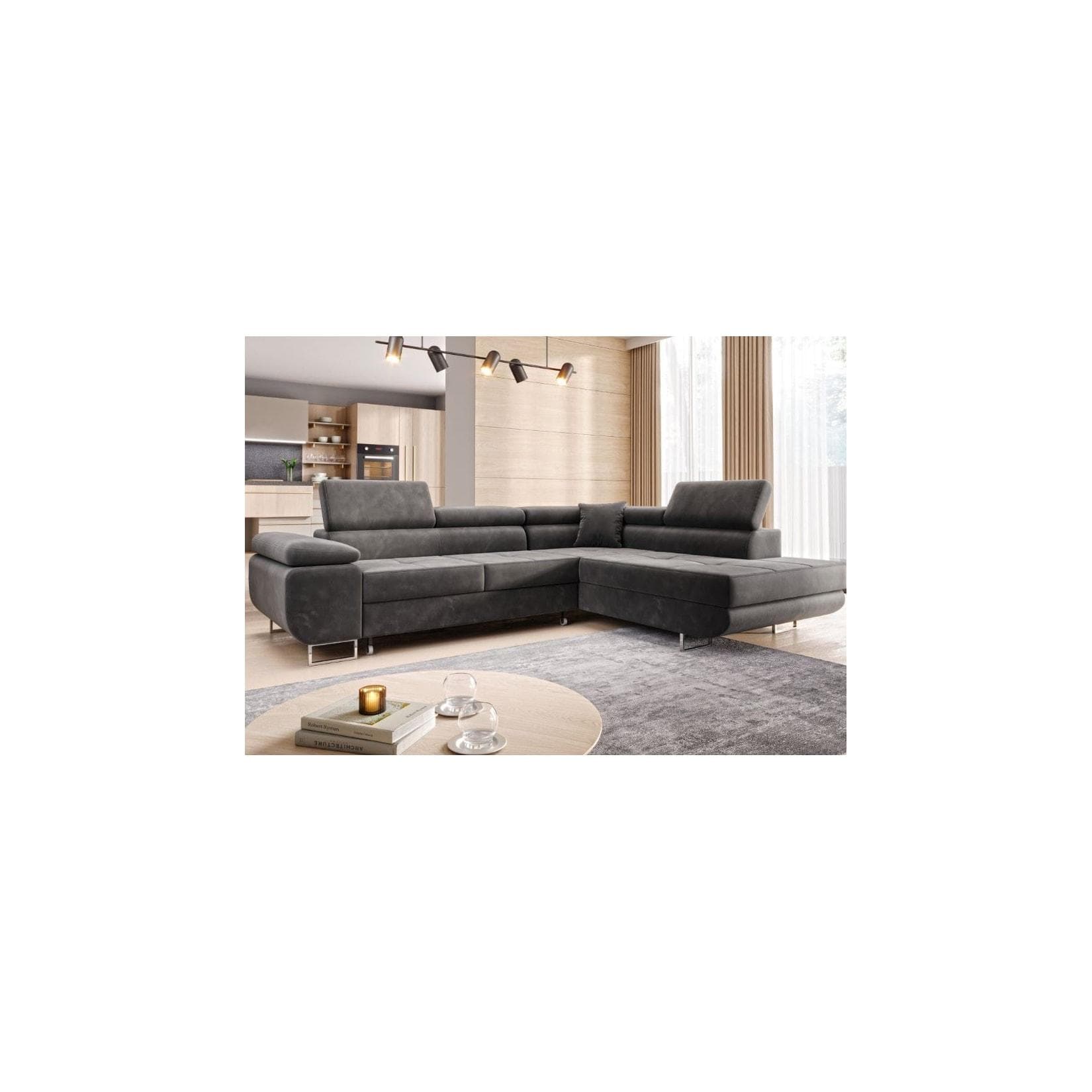 M-Punkt Wohnlandschaft MIAMI Ecksofa Grau Samt mit Bettfunktion und Bettkasten
