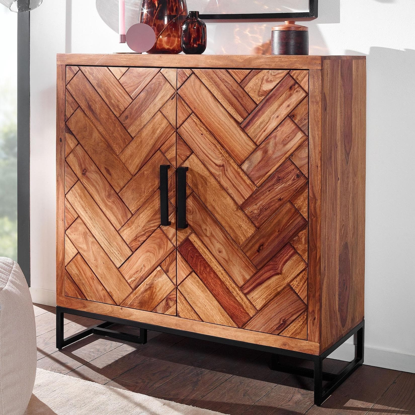 FineBuy Massivholz Schuhschrank Sheesham 100cm mit Fischgrätmuster