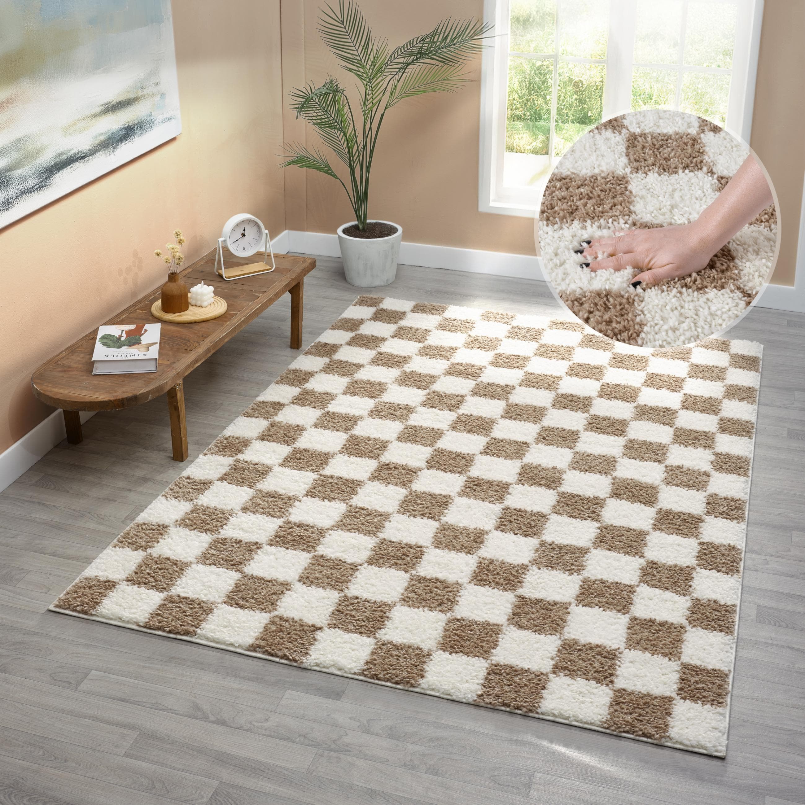 Hochflor-Teppich Beige, Kariert, 80x150 cm